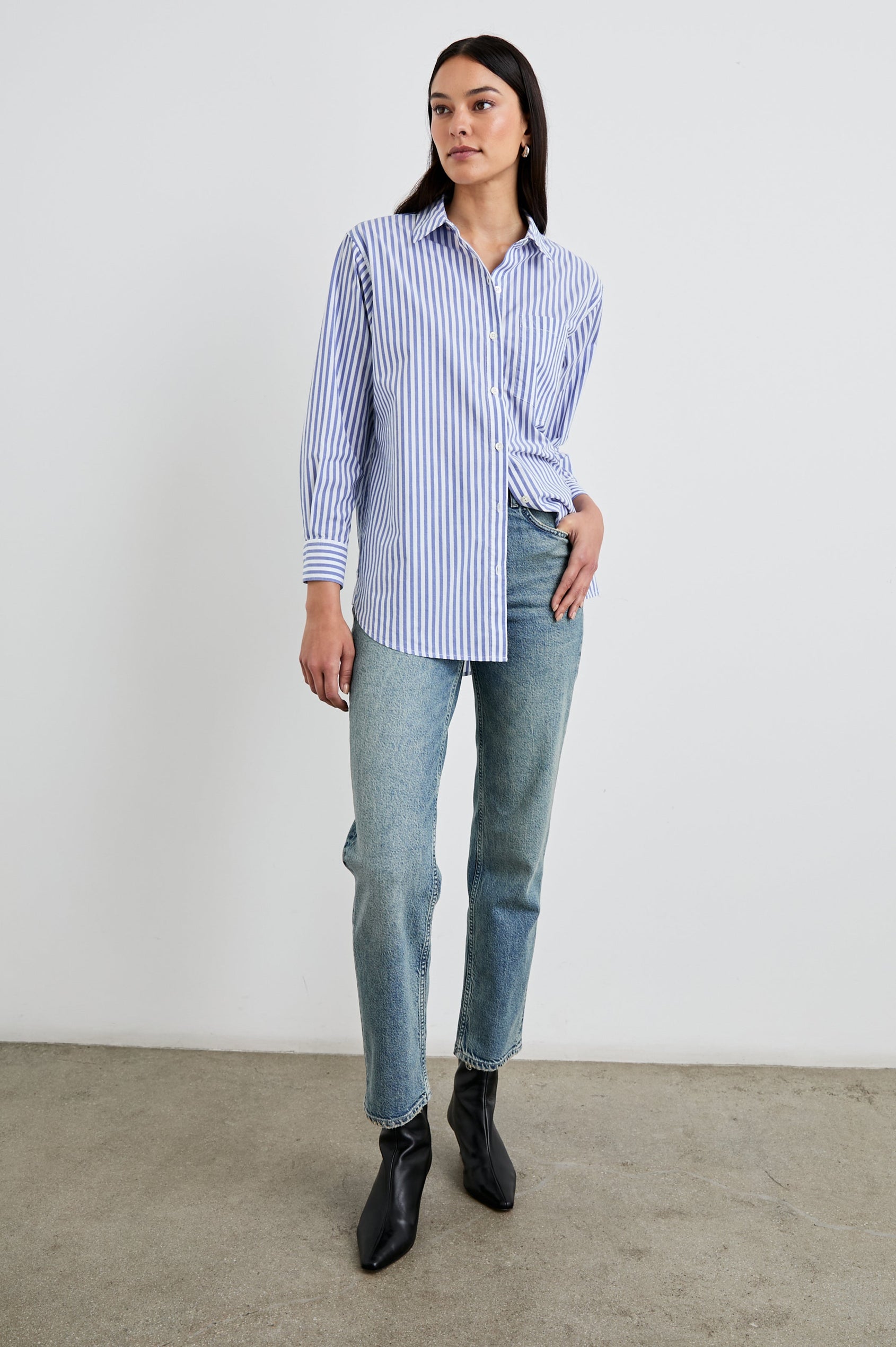 Elsa Long-Sleeve Button Down Shirt with Chest Patch Pocket in Mariner White Stripe Colorway, Vertical Blue and White Stripes - Front Full Body View Featured on Model