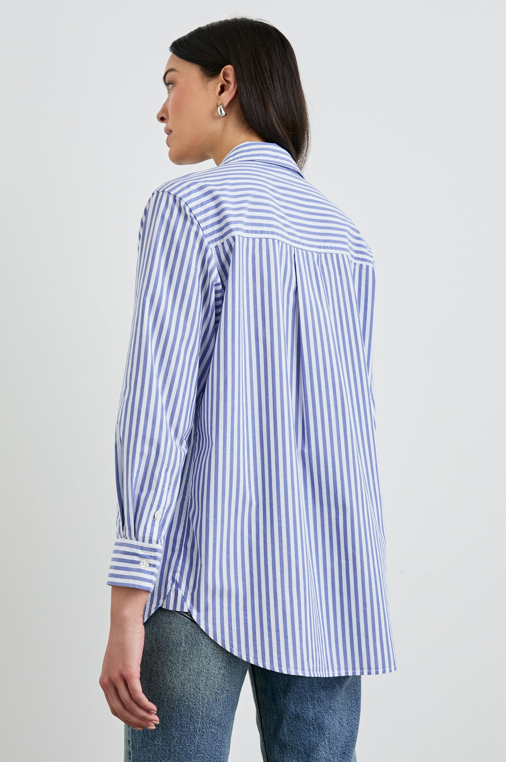 Elsa Long-Sleeve Button Down Shirt with Chest Patch Pocket in Mariner White Stripe Colorway, Vertical Blue and White Stripes - Back View Featured on Model