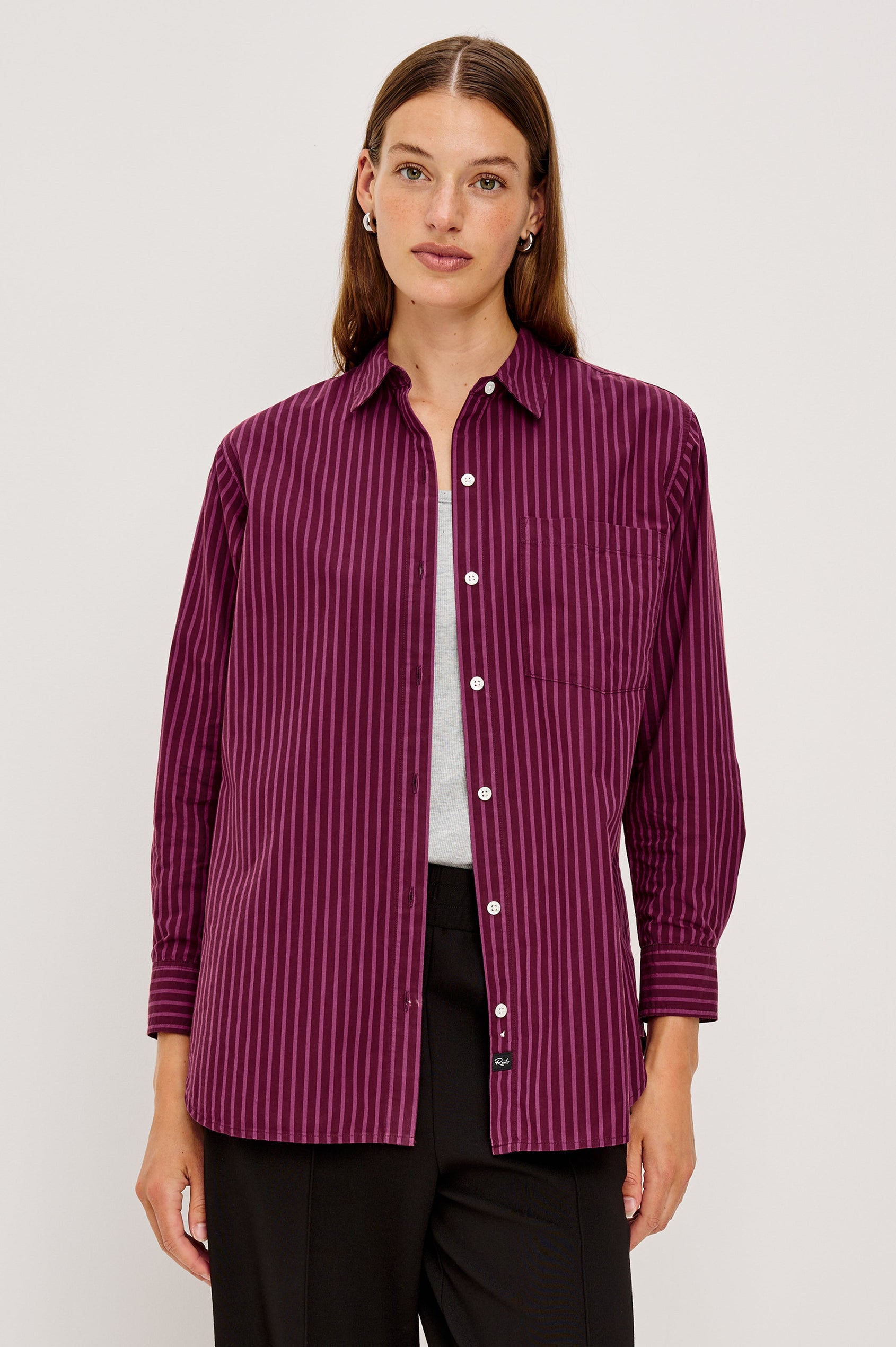 Elsa Oversized Long Sleeve Button Down Shirt With Collar And Cuffs In Mulberry Stripe Colorway - Front View Featured on Model, Unbuttoned with Grey Tee Underneath