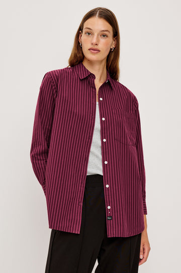 Elsa Oversized Long Sleeve Button Down Shirt With Collar And Cuffs In Mulberry Stripe Colorway - Front View Featured on Model, Unbuttoned with Grey Tee Underneath