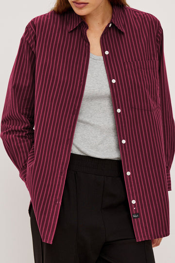 Elsa Oversized Long Sleeve Button Down Shirt With Collar And Cuffs In Mulberry Stripe Colorway - Close Up Front View Featured on Model, Unbuttoned with Grey Tee Underneath