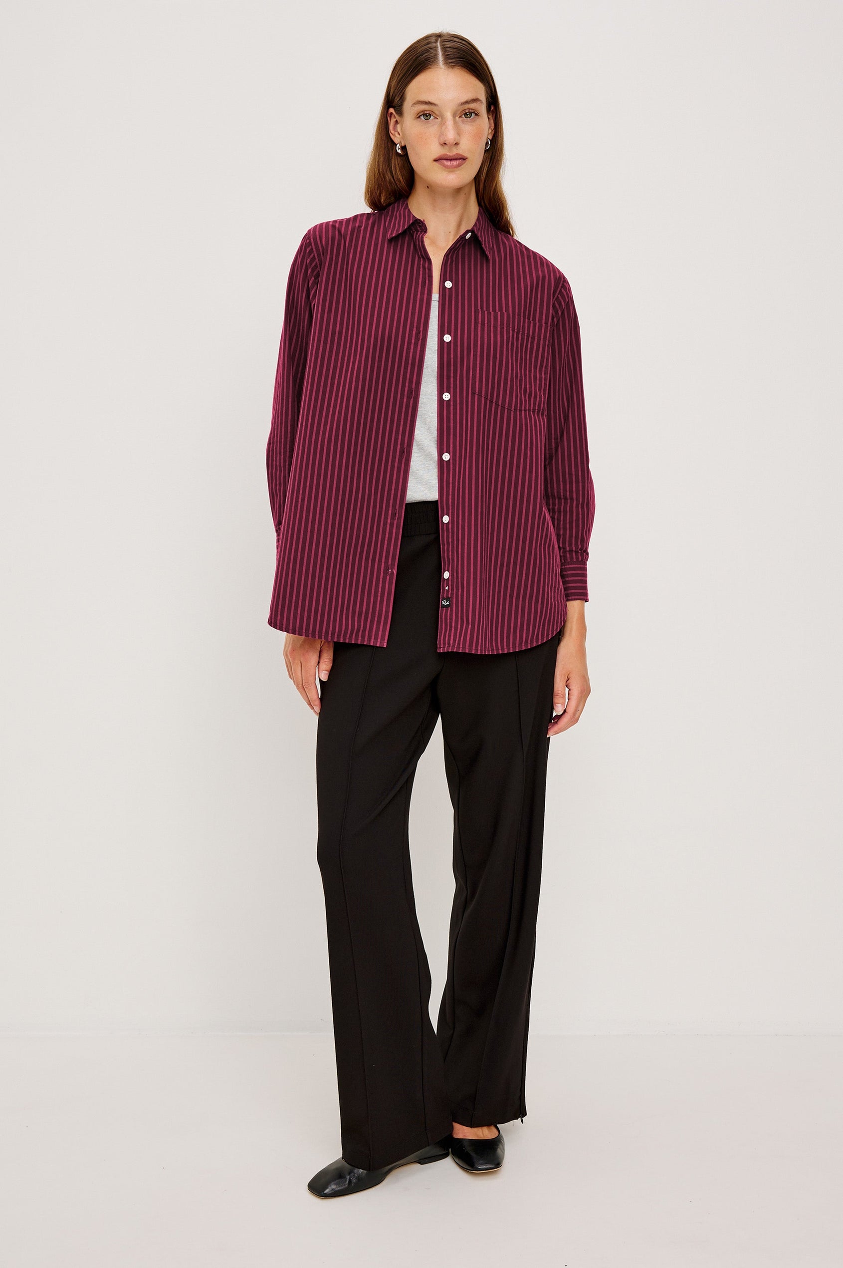 Elsa Oversized Long Sleeve Button Down Shirt With Collar And Cuffs In Mulberry Stripe Colorway - Full Body Front View Featured on Model, Unbuttoned with Grey Tee Underneath