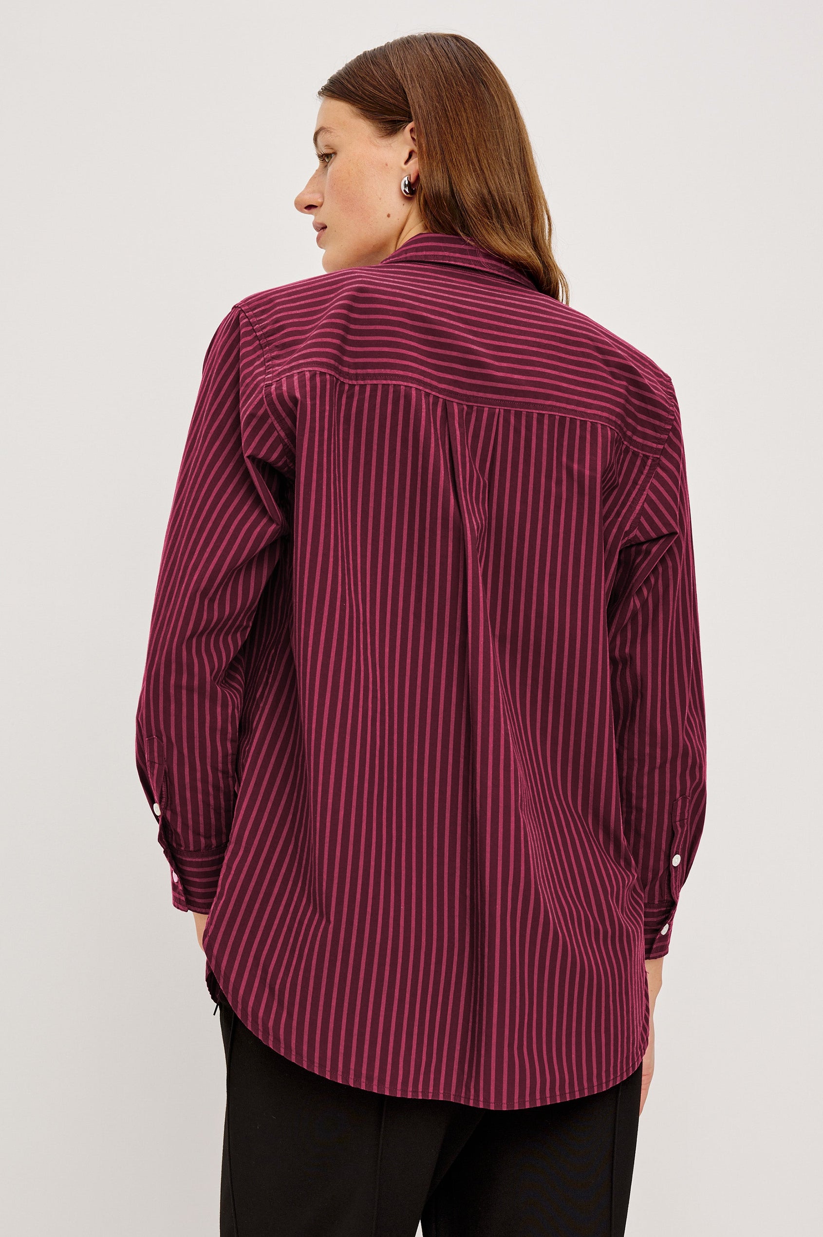 Elsa Oversized Long Sleeve Button Down Shirt With Collar And Cuffs In Mulberry Stripe Colorway - Back View Featured on Model, Unbuttoned with Grey Tee Underneath