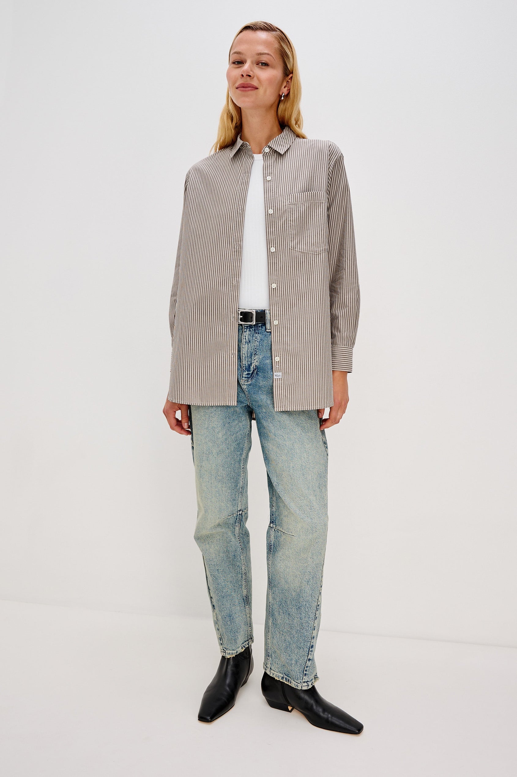 Elsa Oversized Long Sleeve Button Down Shirt With Collar And Cuffs In Noir Stripe Colorway - Full Body Front View Featured on Model