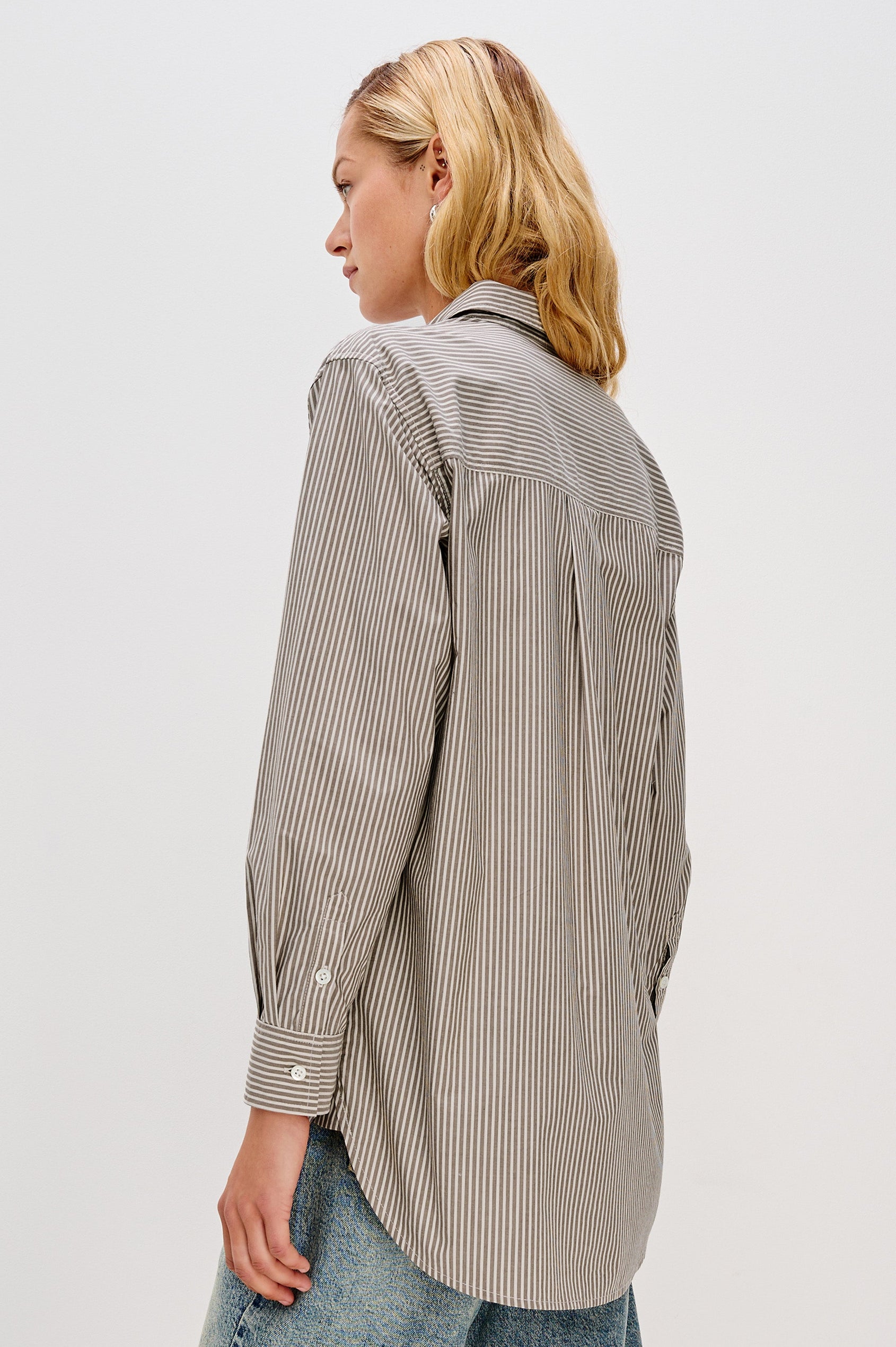 Elsa Oversized Long Sleeve Button Down Shirt With Collar And Cuffs In Noir Stripe Colorway - Back View Featured on Model