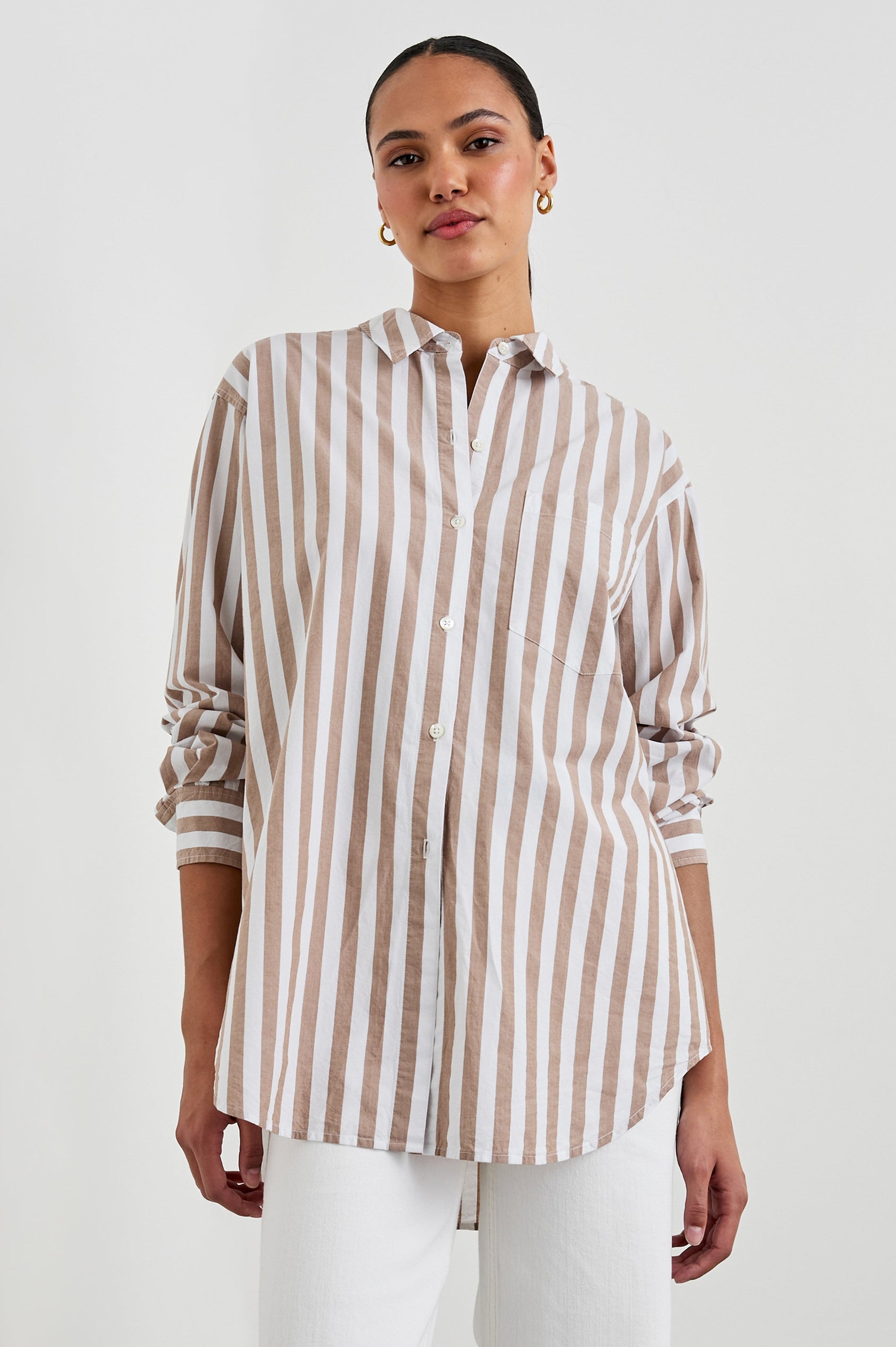 Elsa Long-Sleeve Button Down Shirt with Chest Patch Pocket in Russet White Stripe Colorway, Vertical Stripes - Front View Featured on Model