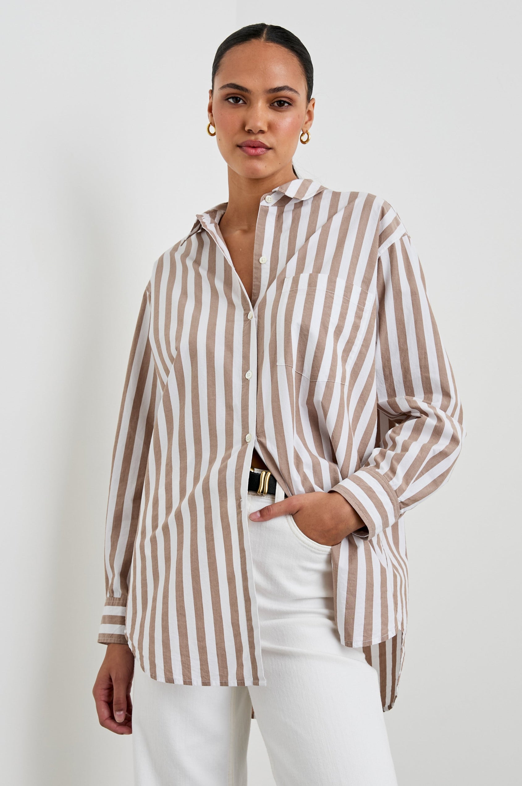 Elsa Long-Sleeve Button Down Shirt with Chest Patch Pocket in Russet White Stripe Colorway, Vertical Stripes - Front View Featured on Model