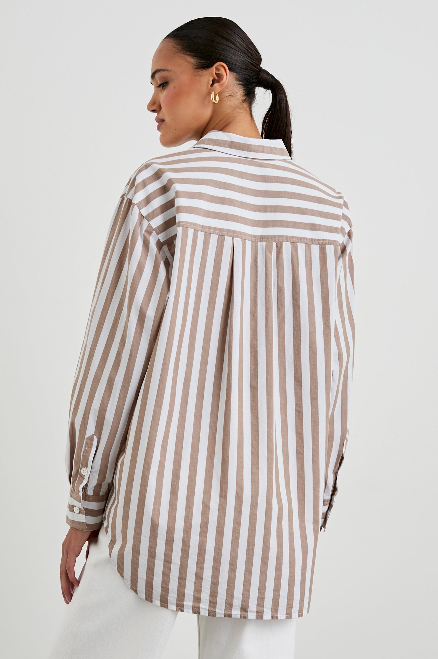 Elsa Long-Sleeve Button Down Shirt with Chest Patch Pocket in Russet White Stripe Colorway, Vertical Stripes - Back View Featured on Model