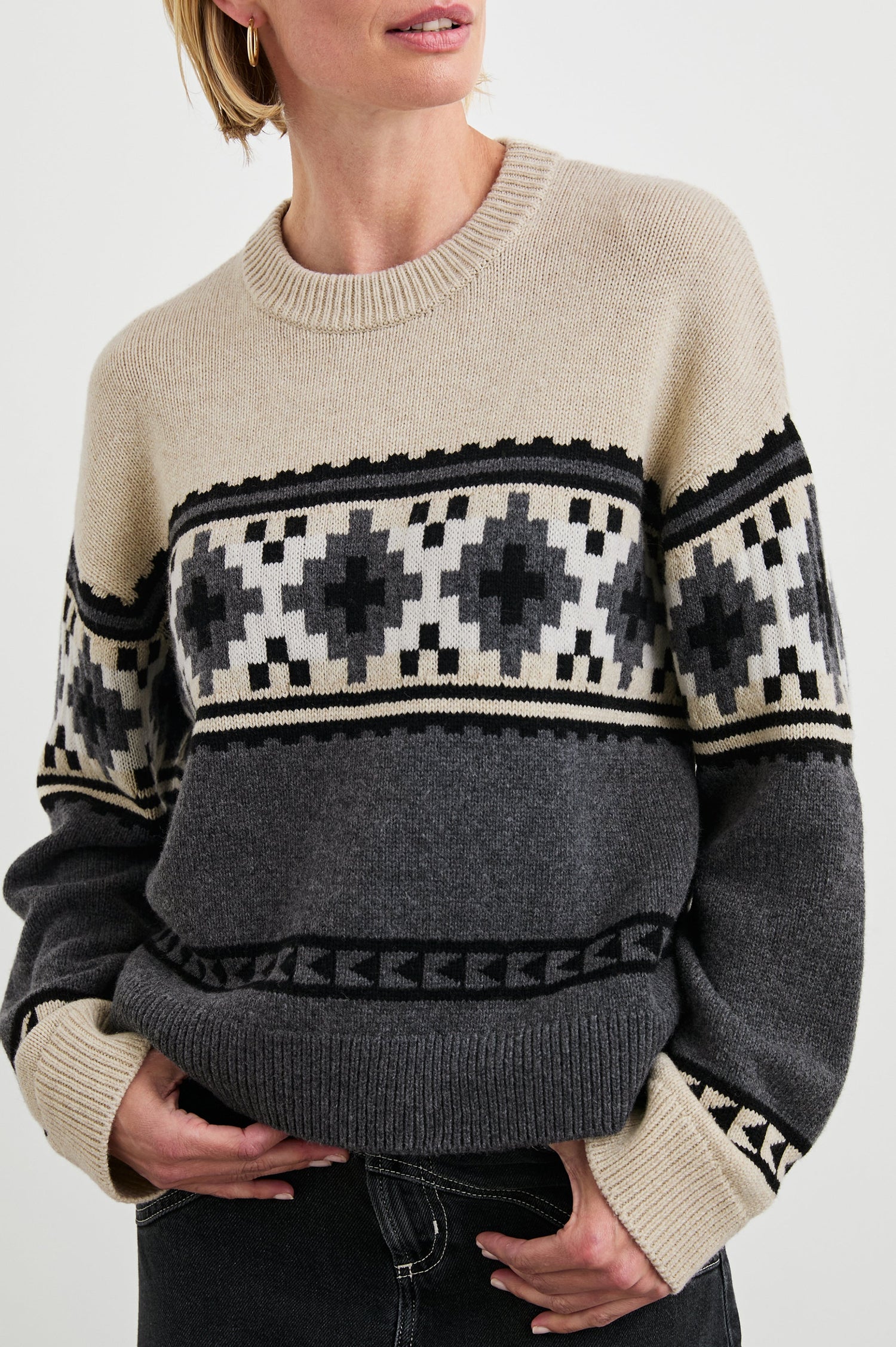 Emma Long-Sleeve Sweater with a Crew Neck and Ribbed Trim in Heather Fair Isle Colorway, a geometric design in White, Cream, Black and Grey - Front View Featured on Model