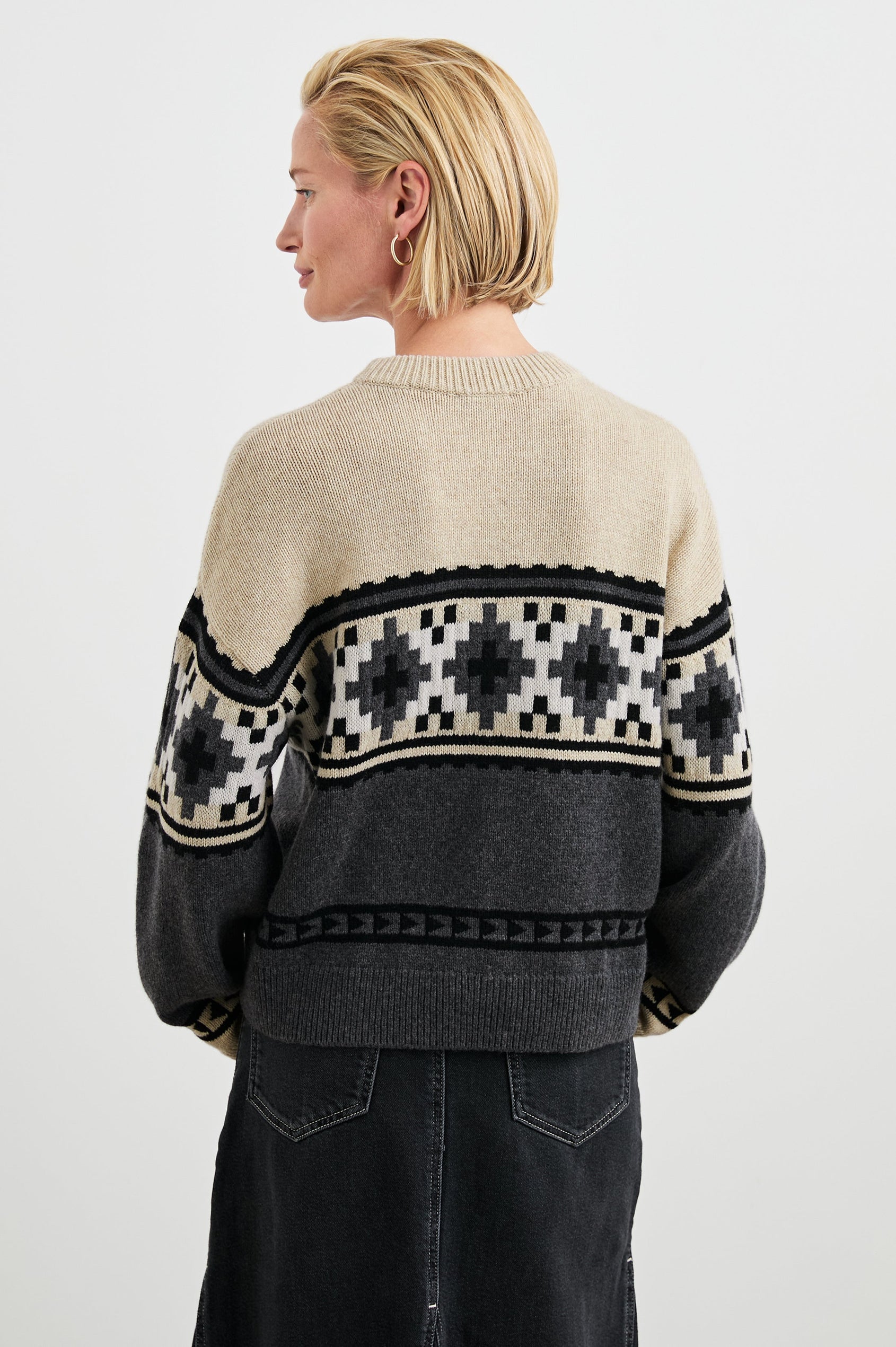 Emma Long-Sleeve Sweater with a Crew Neck and Ribbed Trim in Heather Fair Isle Colorway, a geometric design in White, Cream, Black and Grey - Back View Featured on Model
