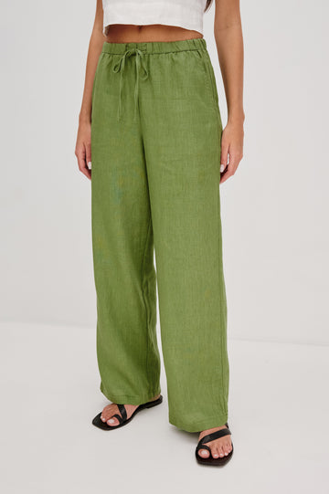 Emmie high rise linen wide leg pant with drawstring in Dill colorway- front view on model.