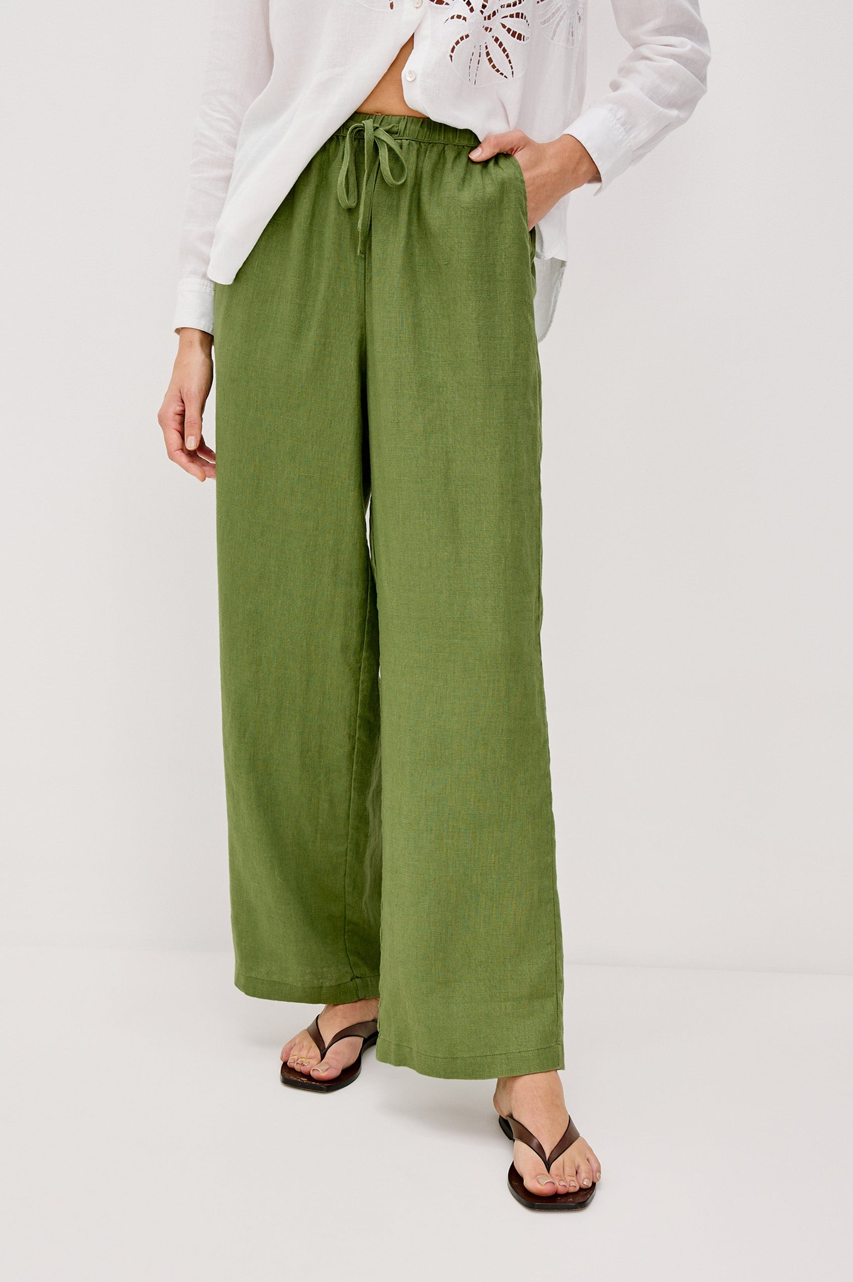 Emmie high rise linen wide leg pant with drawstring in Dill colorway- front view on model.