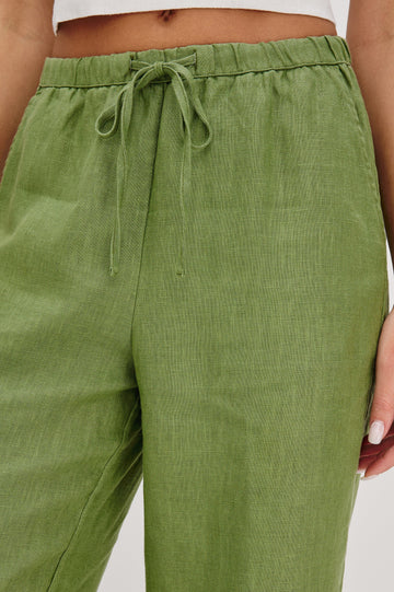 Emmie high rise linen wide leg pant with drawstring in Dill colorway- front detail view on model.
