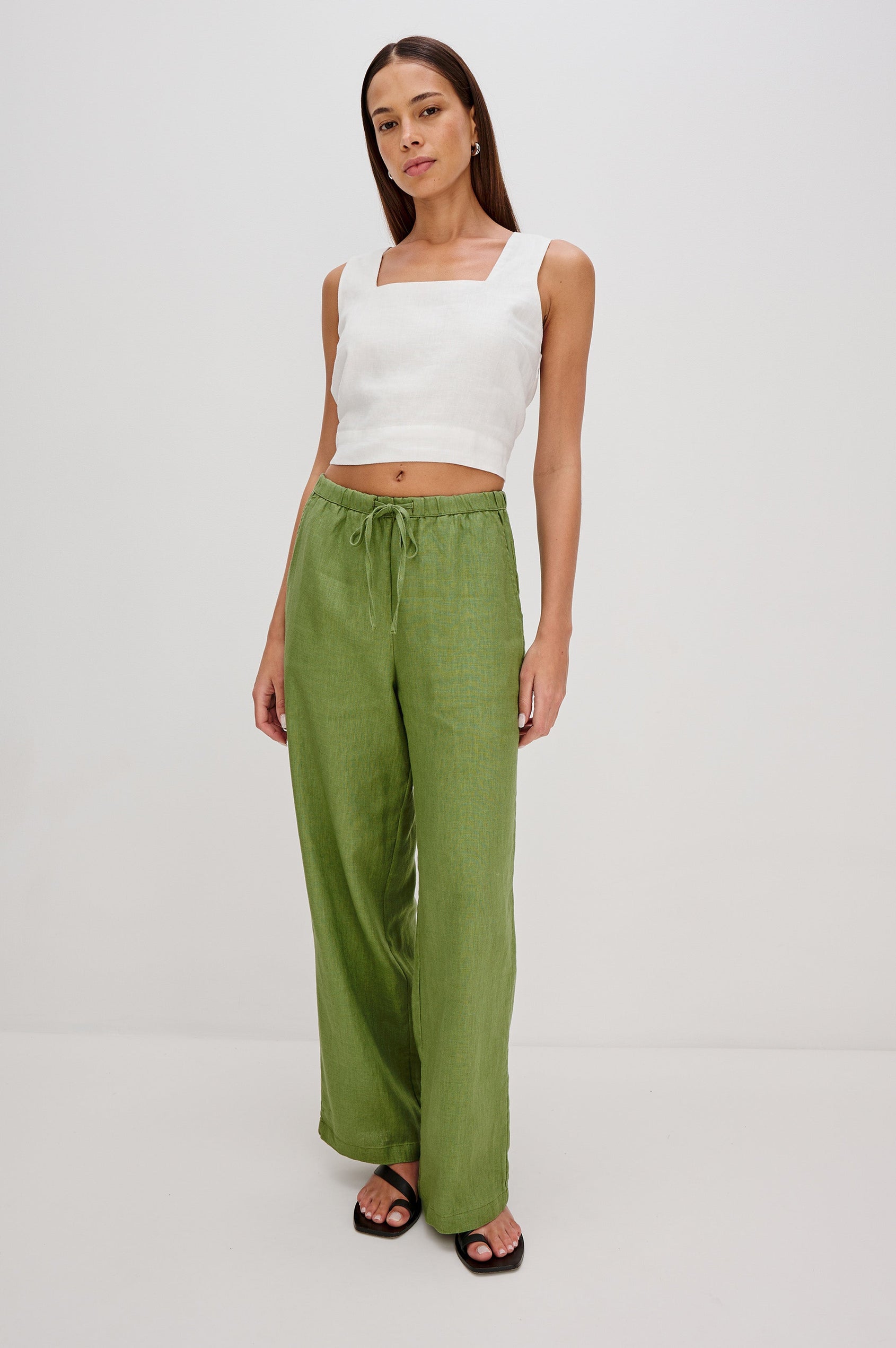 Emmie high rise linen wide leg pant with drawstring in Dill colorway- full body front view on model.