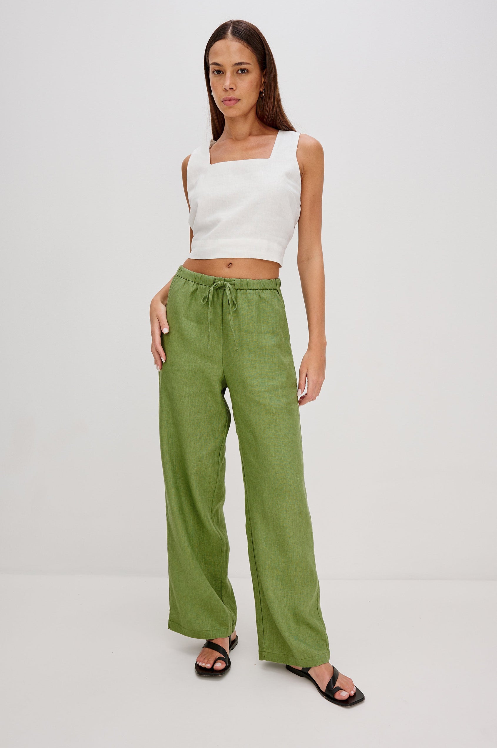 Emmie high rise linen wide leg pant with drawstring in Dill colorway- full body front view on model.