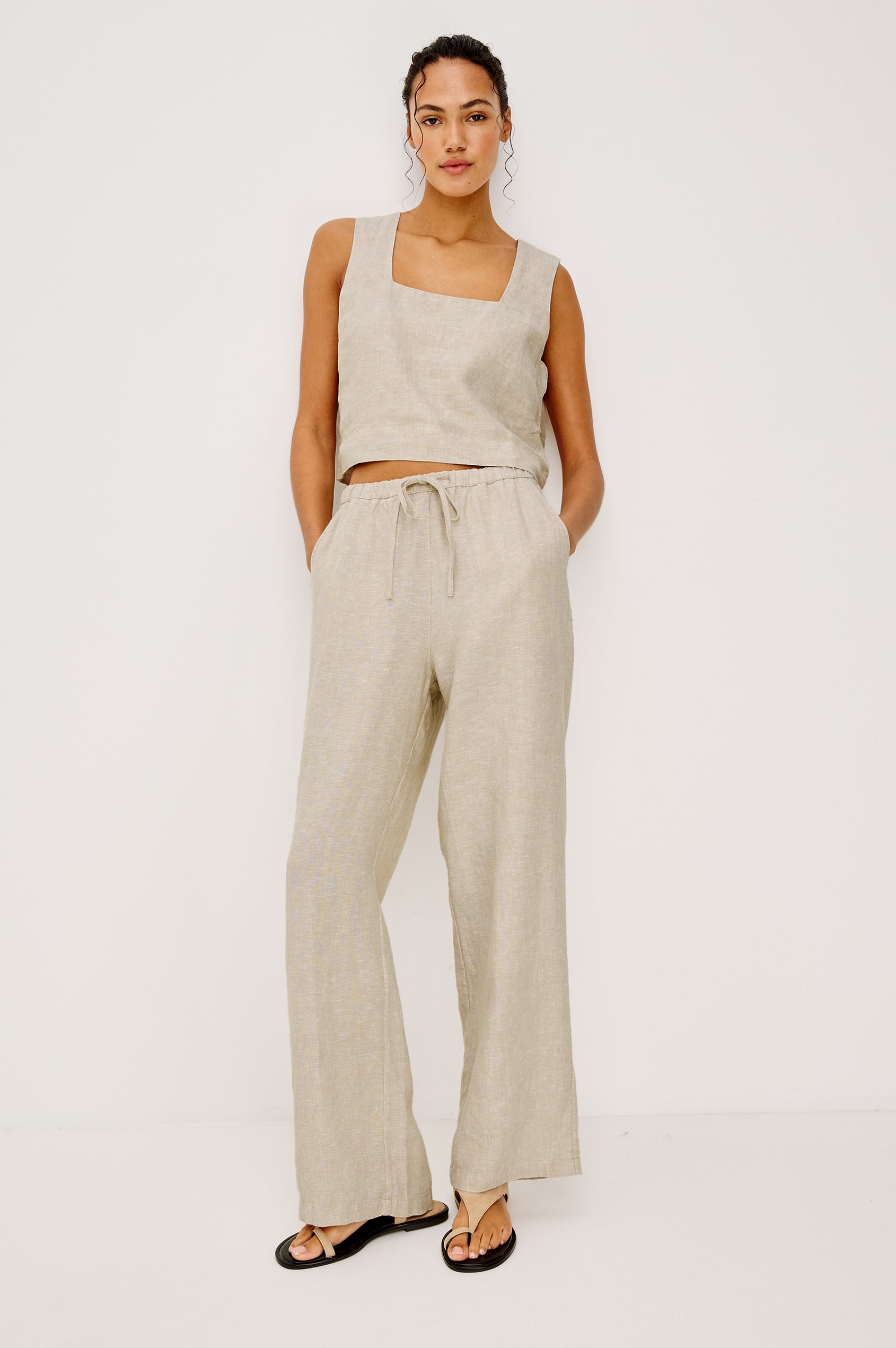 Emmie high rise linen wide leg pant with drawstring in Heathered Flax Colorway - Full Body Front View Shown on Model.