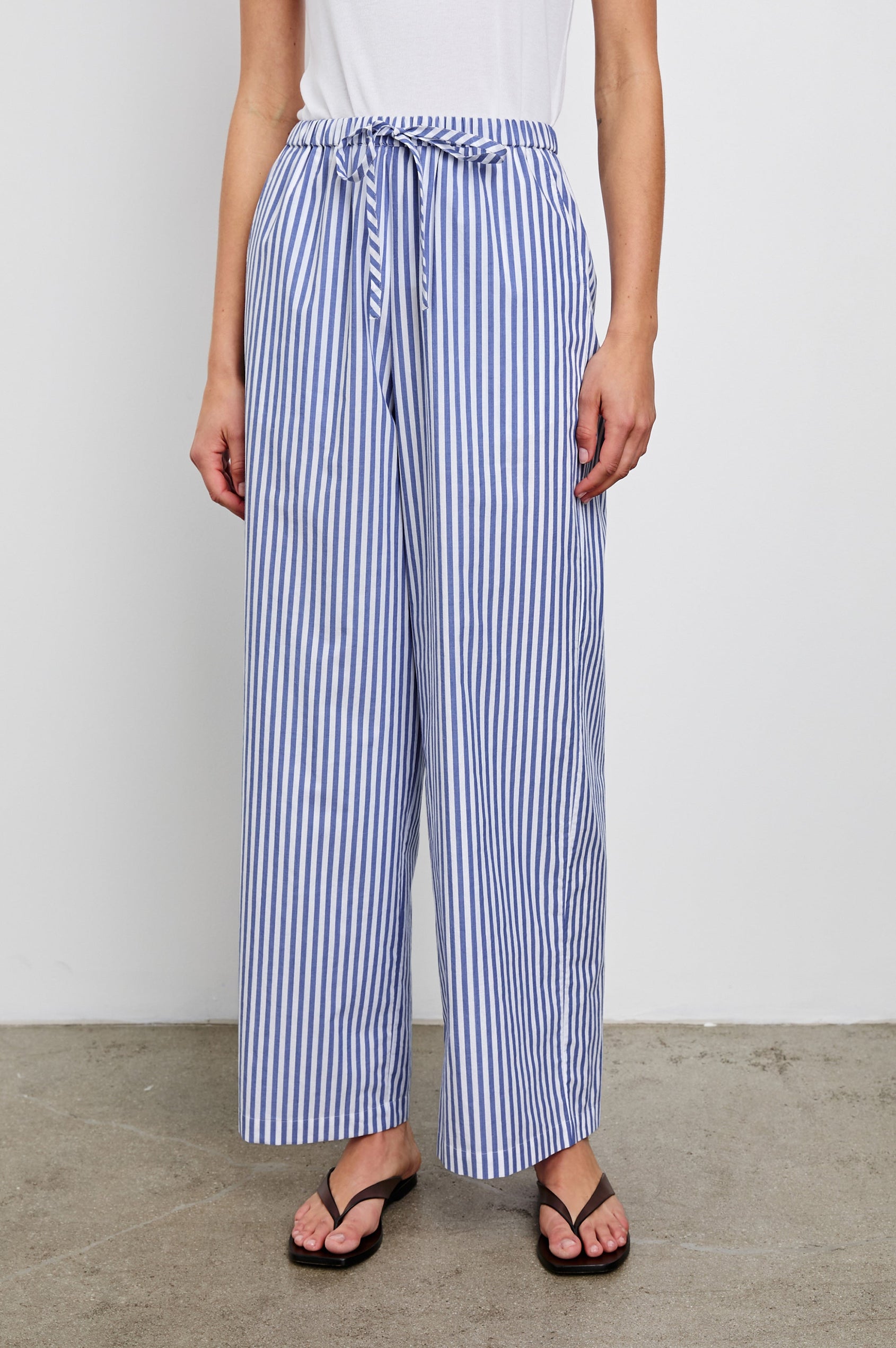 Emmie Pants with a Drawstring Waist and Two Front Pockets in Mariner White Stripe Colorway - Front View Featured on Model