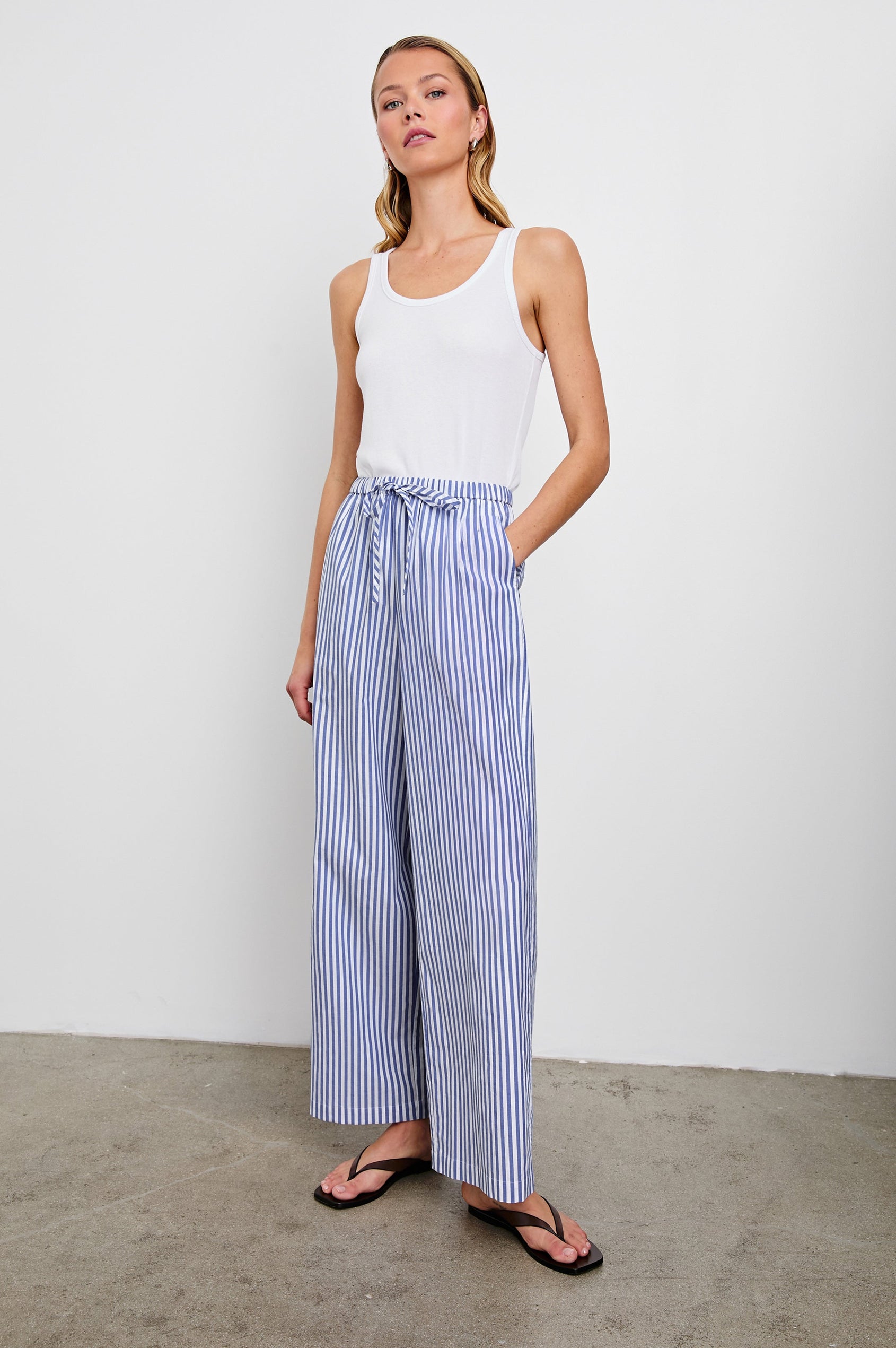 Emmie Pants with a Drawstring Waist and Two Front Pockets in Mariner White Stripe Colorway - Front Full Body View Featured on Model