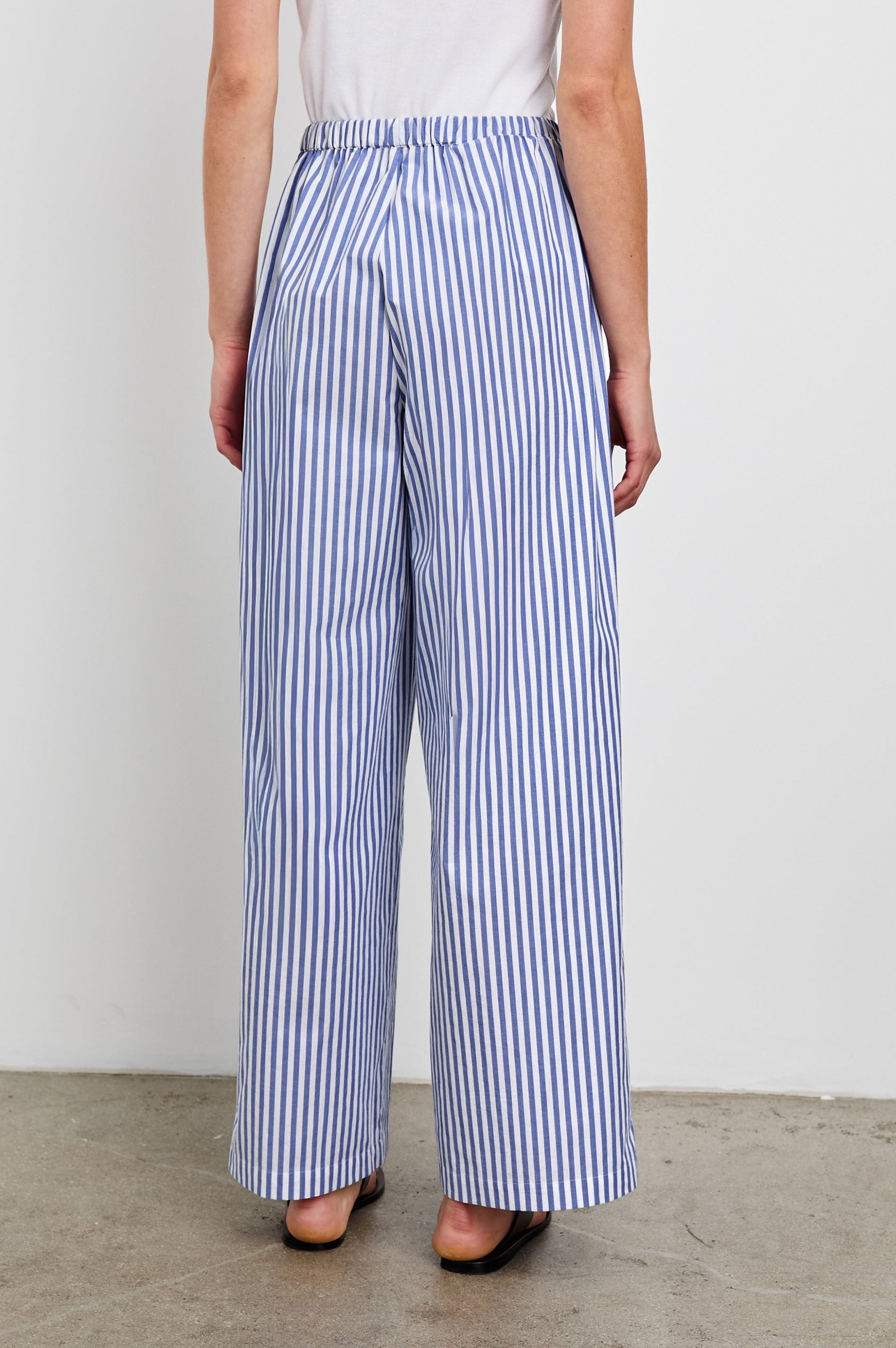 Emmie Pants with a Drawstring Waist and Two Front Pockets in Mariner White Stripe Colorway - Back View Featured on Model