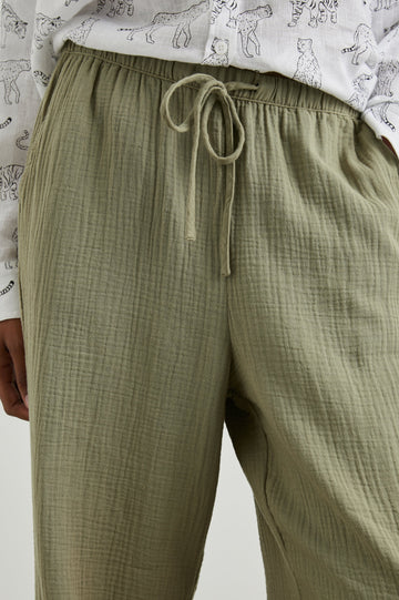 Emmie Pants with a Drawstring Waist and Two Front Pockets in Gauze Mermaid Colorway - Front View Featured on Model