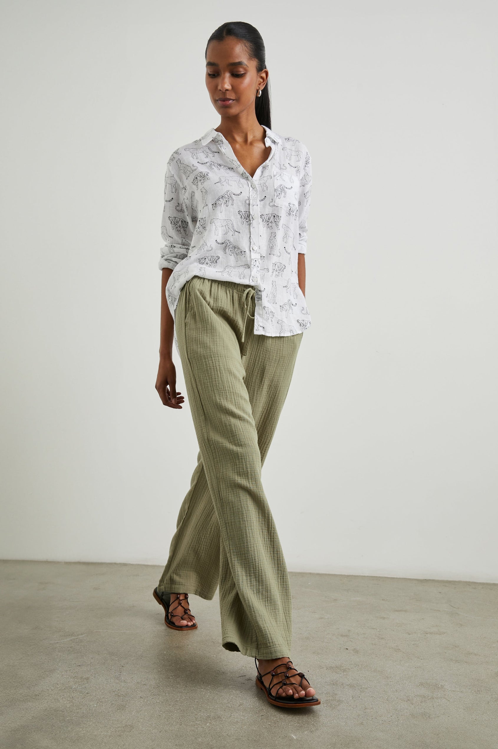 Emmie Pants with a Drawstring Waist and Two Front Pockets in Gauze Mermaid Colorway - Front Full Body View Featured on Model