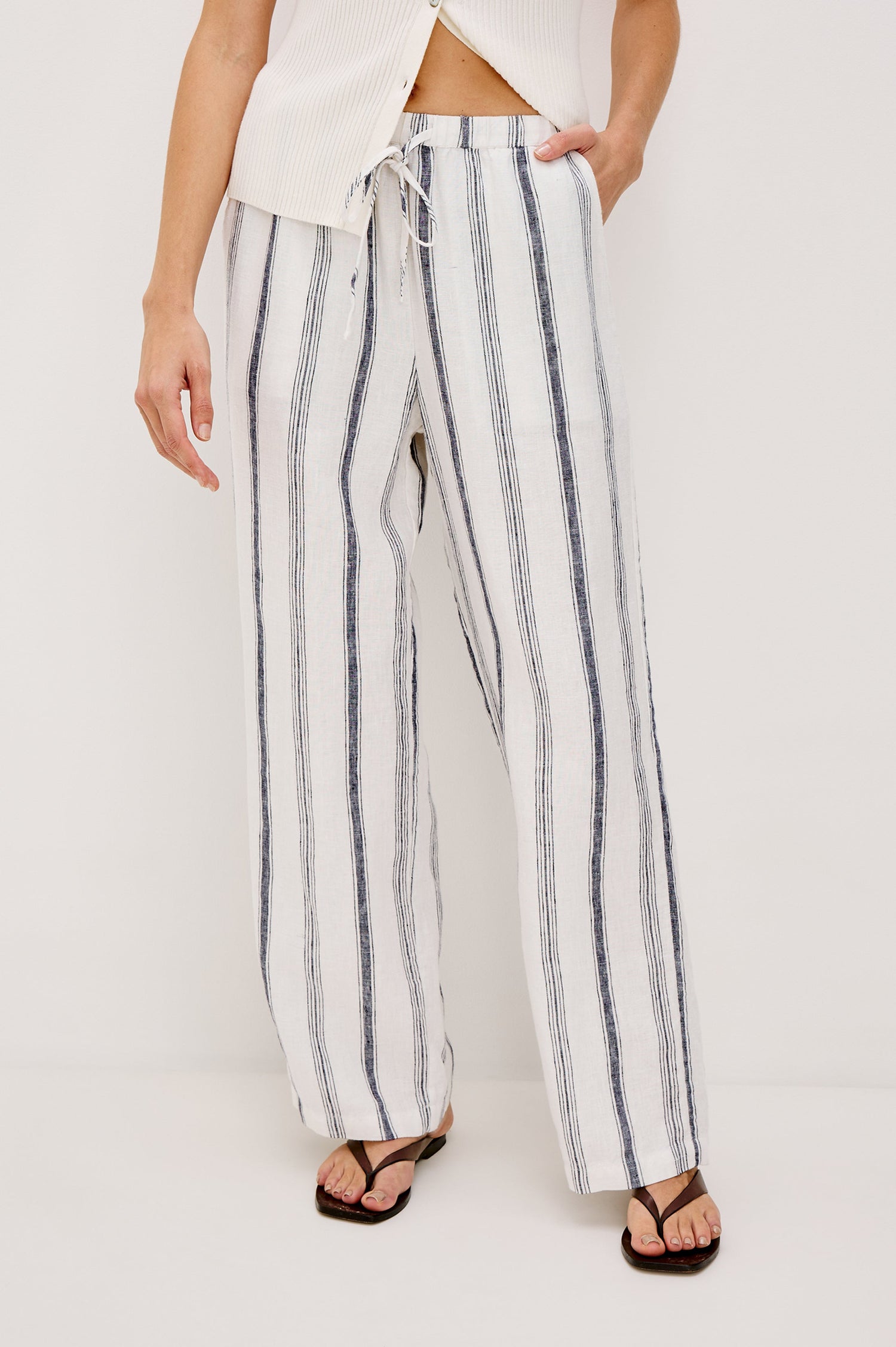 Emmie high rise linen wide leg pant with drawstring in Taverna Stripe colorway- front view on model.