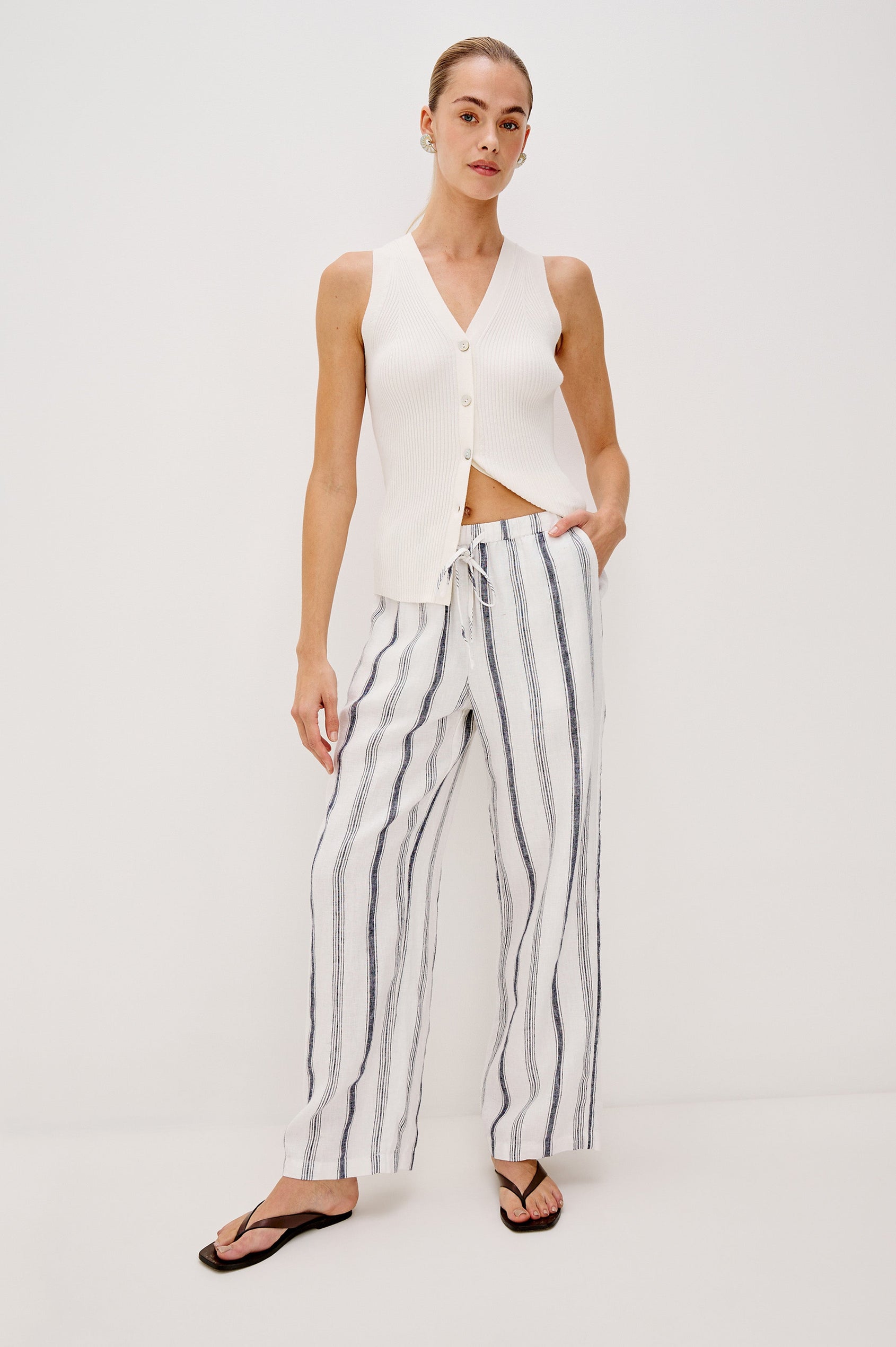 Emmie high rise linen wide leg pant with drawstring in Taverna Stripe colorway- full body front view on model.