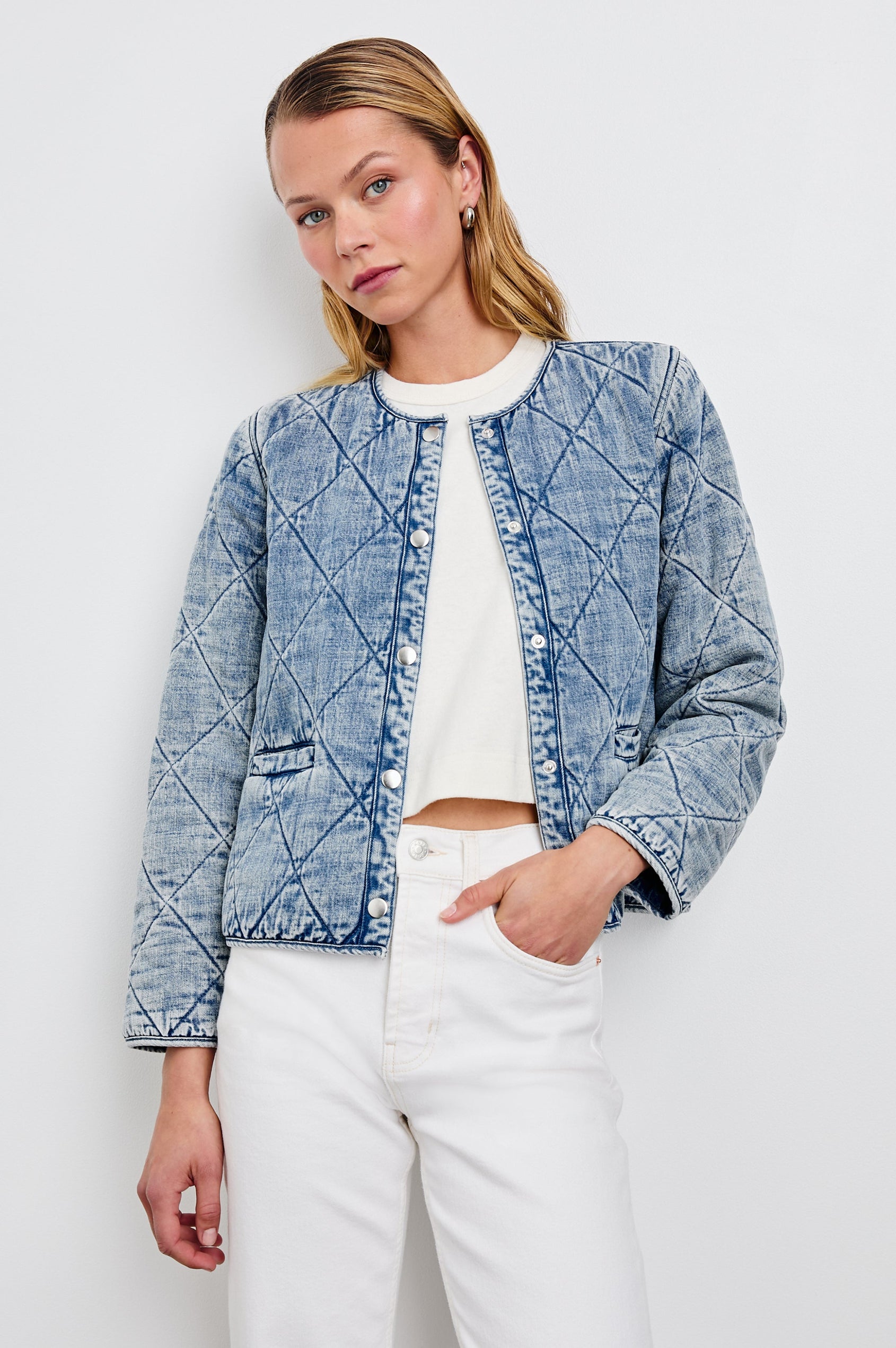 Ency Jacket with Quilted Denim, Snap Closure and Two Front Patch Pockets in Mid Blue Colorway - Front View Featured on Model