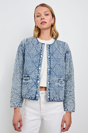 Ency Jacket with Quilted Denim, Snap Closure and Two Front Patch Pockets in Mid Blue Colorway - Front View Featured on Model