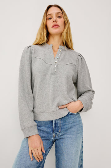 Erla Sweatshirt in French Terry in Heather Grey With Half Placket, Western Chest Yokes, and Gathered Long Sleeves in Heather Grey Colorway - Upper Body Front View Featured on Model