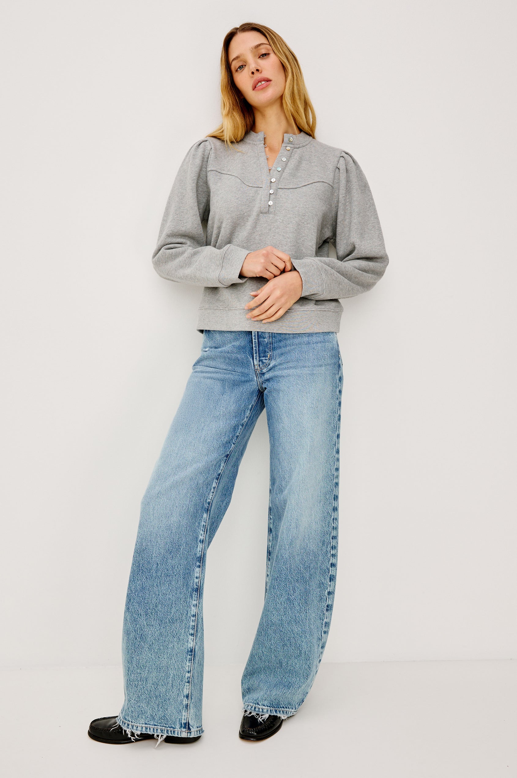Erla Sweatshirt in French Terry in Heather Grey With Half Placket, Western Chest Yokes, and Gathered Long Sleeves in Heather Grey Colorway - Full Body Front View Featured on Model