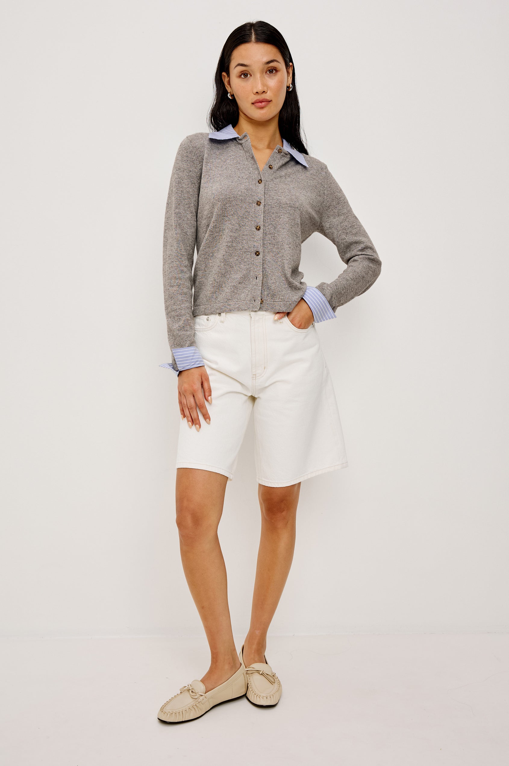 Cressia Midi Dress in Satin With Bias Cut and V-Neckline With Keyhole Cutout and Molded Metallic Jewelry in Ivy Colorway - Mid Body Close Up View Featured on Model