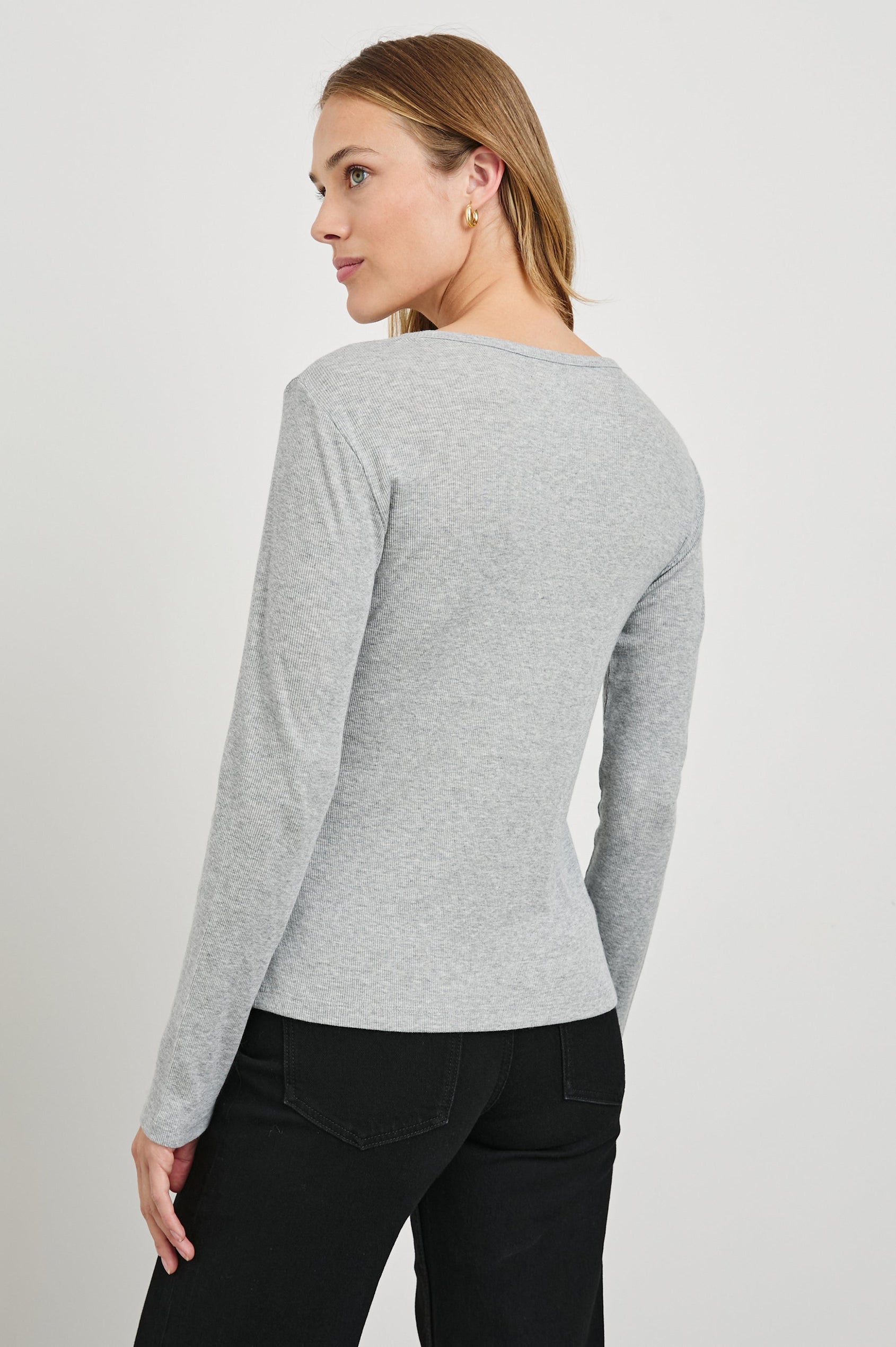Essential Long-Sleeve Finely Ribbed Henley, with a V Neck and a Placket with Buttons in Heather Grey Colorway - Back View Featured on Model 