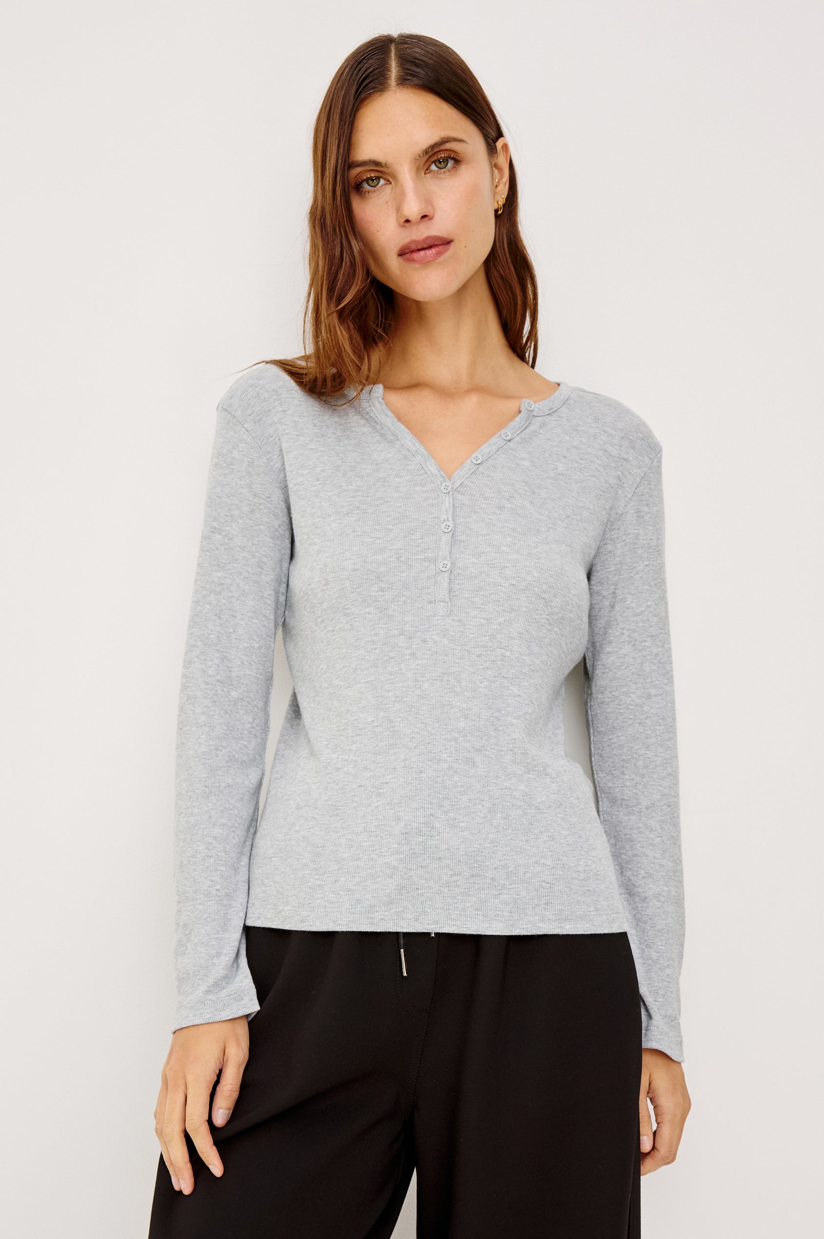 Essential Ribbed Henley With Front Placket and Long Sleeves in Heather Grey Colorway - Upper Body Front View Featured on Model