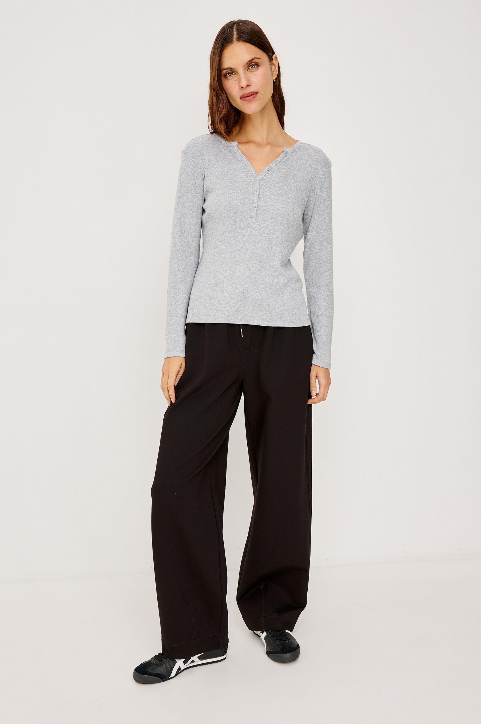 Essential Ribbed Henley With Front Placket and Long Sleeves in Heather Grey Colorway - Full Body Front View Featured on Model