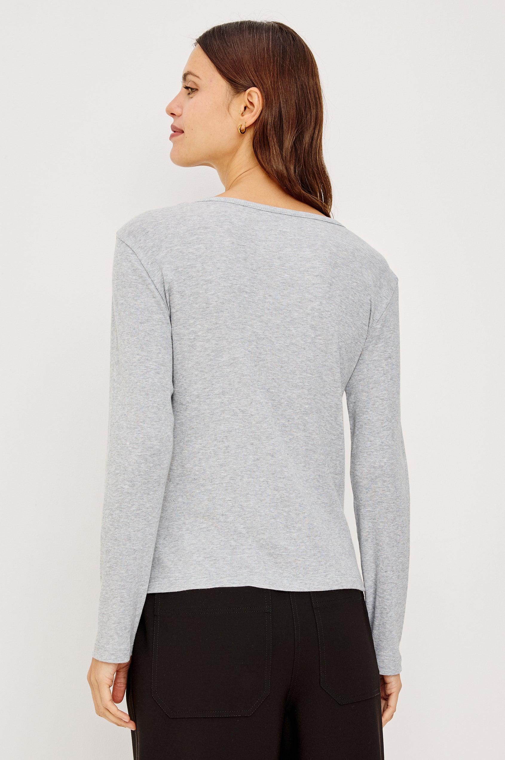 Essential Ribbed Henley With Front Placket and Long Sleeves in Heather Grey Colorway - Upper Body Back View Featured on Model