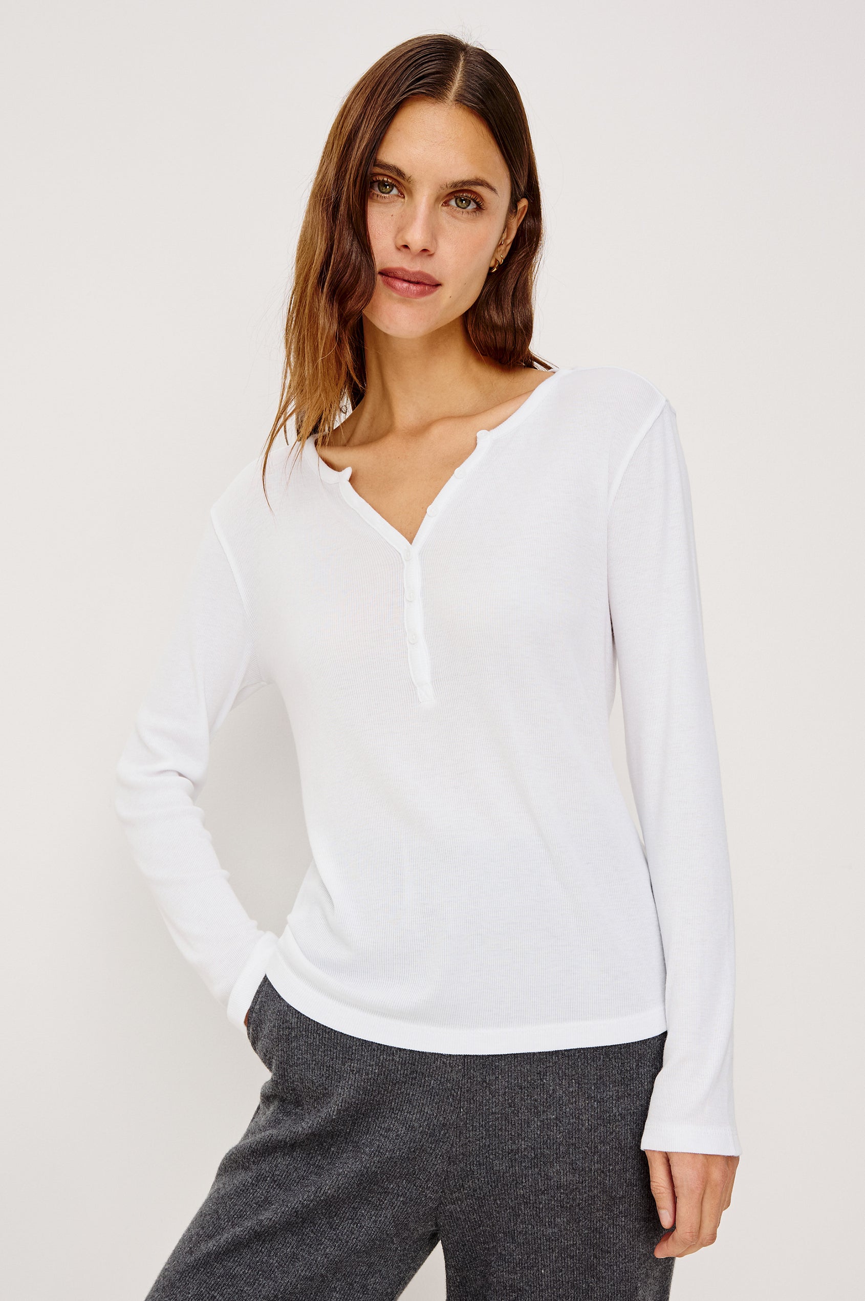 Essential Ribbed Henley With Front Placket and Long Sleeves in White Colorway - Upper Body Front View Featured on Model