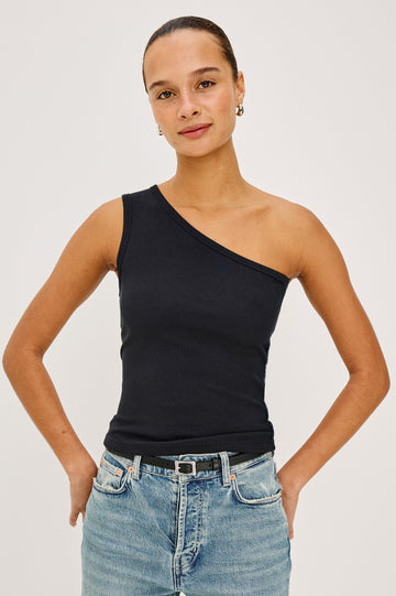 Esti Tank Top in Ribbed Cotton Blend With One-Shoulder Neckline in Black Colorway - Upper Body Front View Featured on Model
