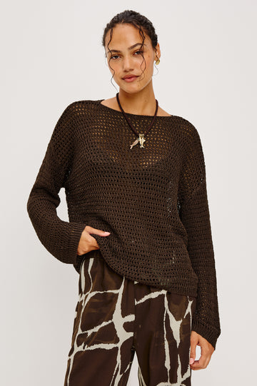 Evangeline Open Knit Oversized Sweater With Dropped Shoulders and Long Sleeves in Espresso Colorway - Upper Body Front View Featured on Model