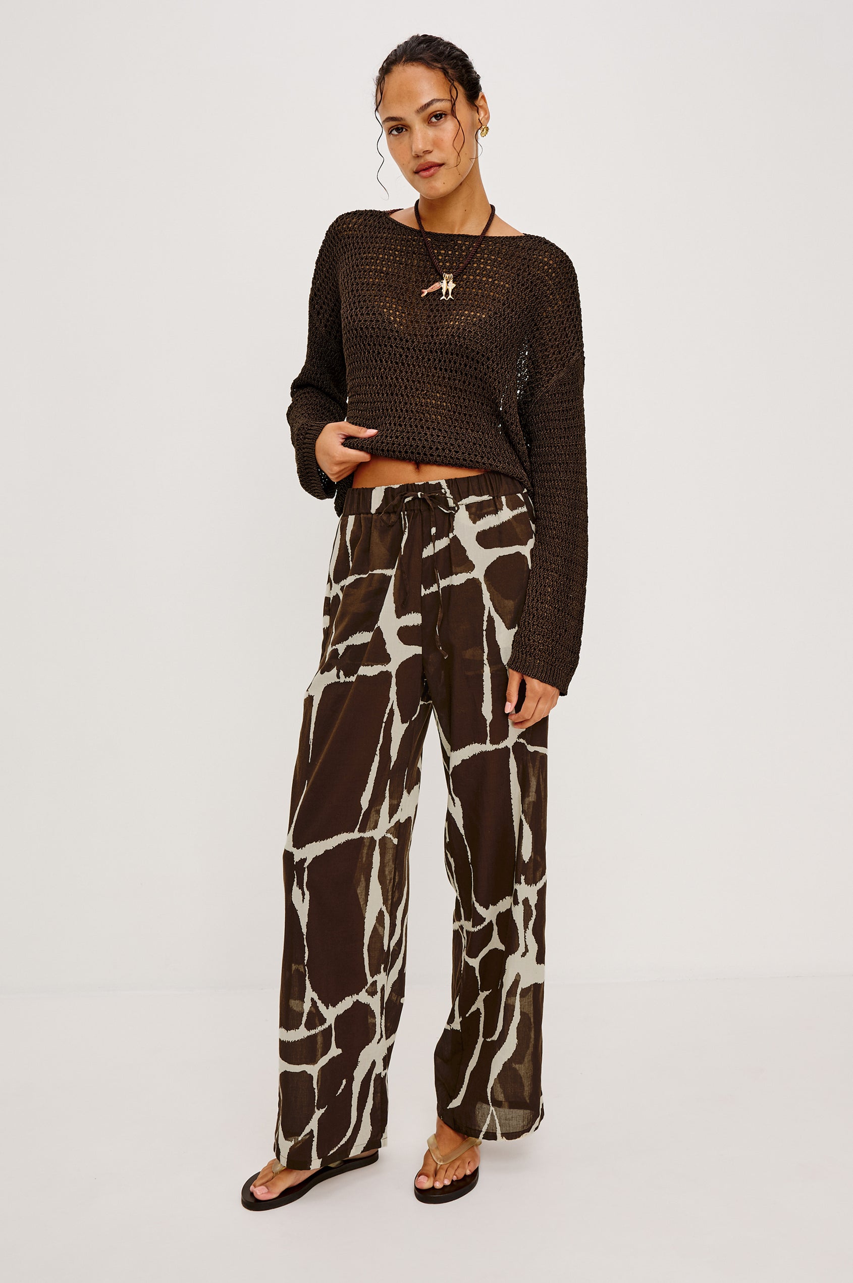 Evangeline Open Knit Oversized Sweater With Dropped Shoulders and Long Sleeves in Espresso Colorway - Upper Body Back View Featured on Model