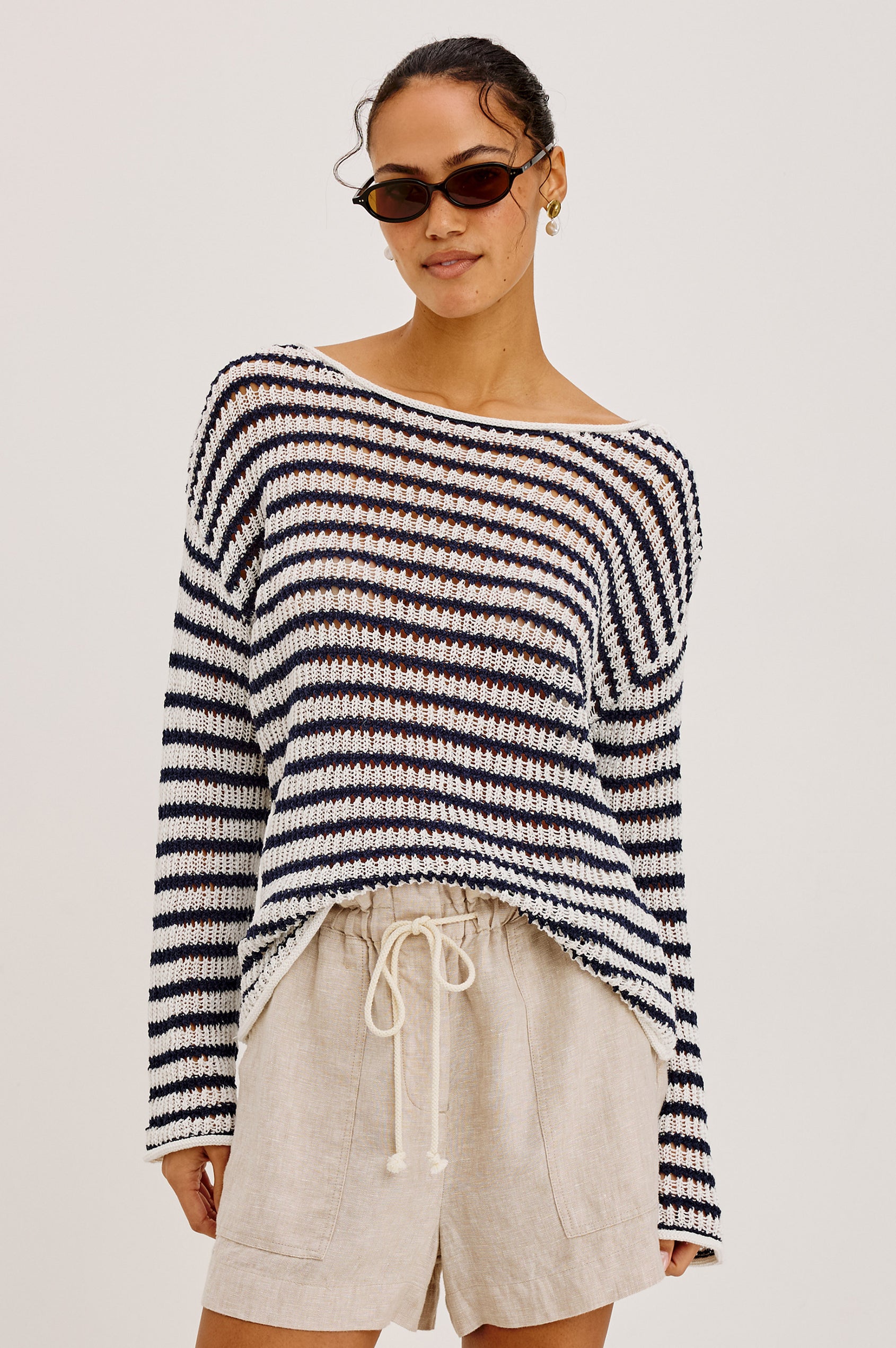 Evangeline Open Knit Oversized Sweater With Dropped Shoulders and Long Sleeves in Ivory Indigo Stripe Colorway - Upper Body Front View Featured on Model