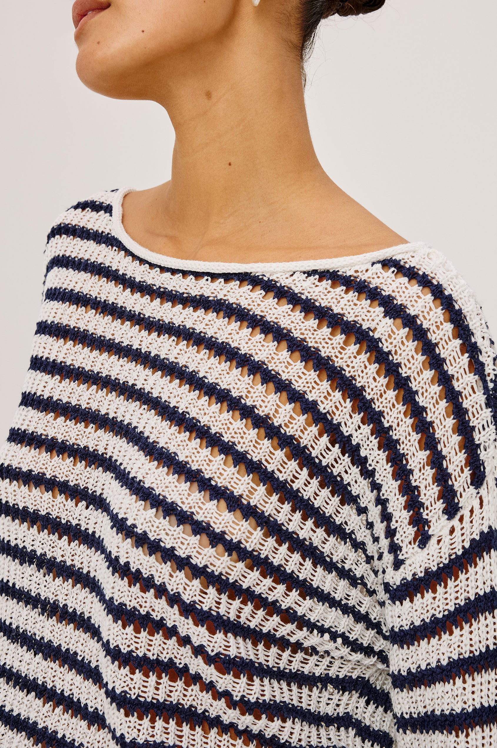 Evangeline Open Knit Oversized Sweater With Dropped Shoulders and Long Sleeves in Ivory Indigo Stripe Colorway - Upper Body Front View Featured on Model