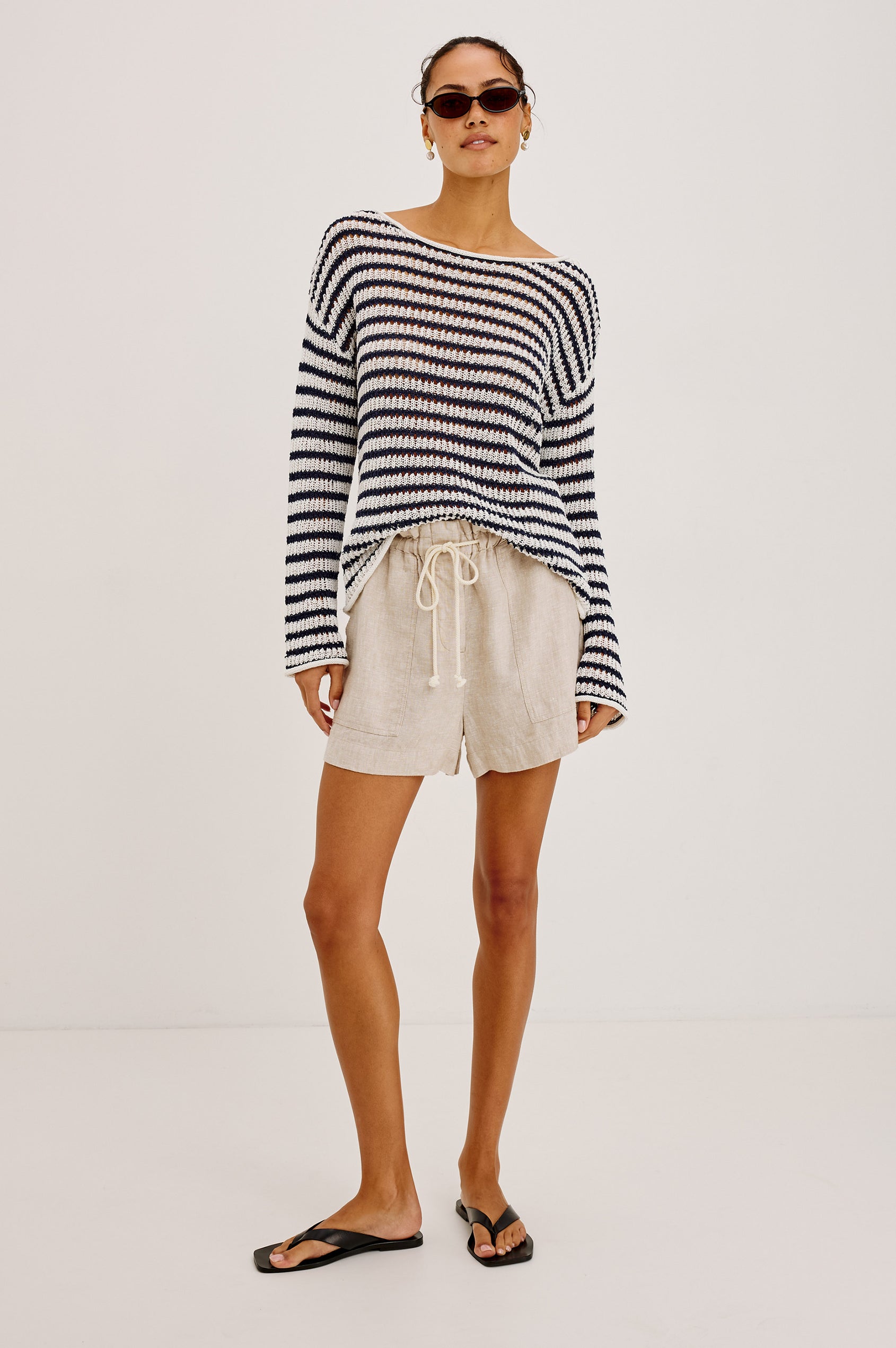 Evangeline Open Knit Oversized Sweater With Dropped Shoulders and Long Sleeves in Ivory Indigo Stripe Colorway - Full Body Front View Featured on Model