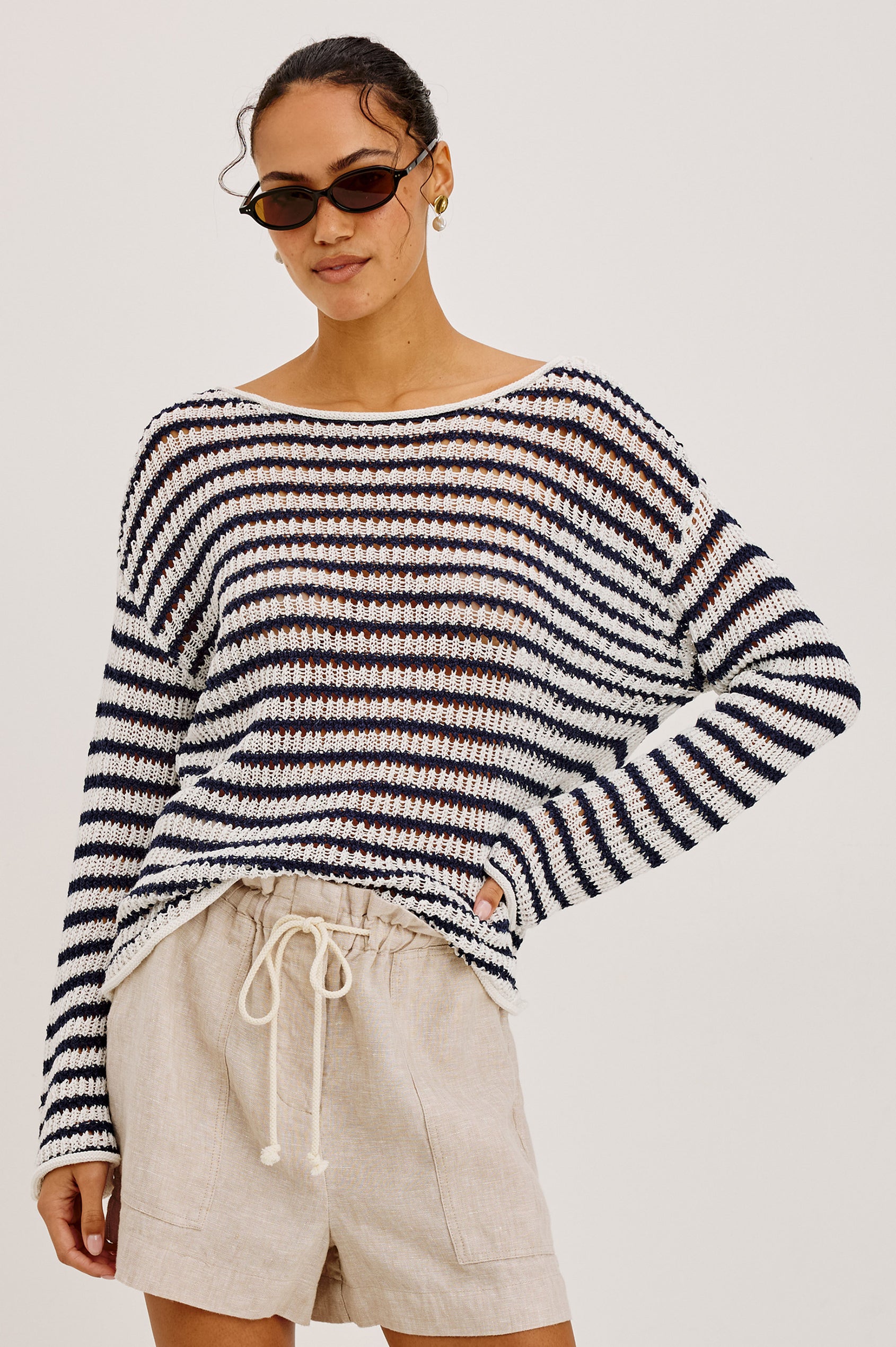 Evangeline Open Knit Oversized Sweater With Dropped Shoulders and Long Sleeves in Ivory Indigo Stripe Colorway - Upper Body Front View Featured on Model