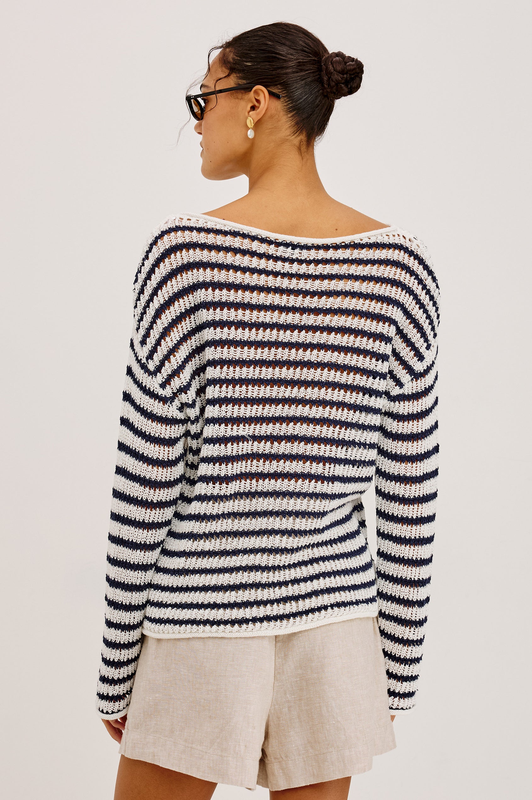 Evangeline Open Knit Oversized Sweater With Dropped Shoulders and Long Sleeves in Ivory Indigo Stripe Colorway - Upper Body Back View Featured on Model