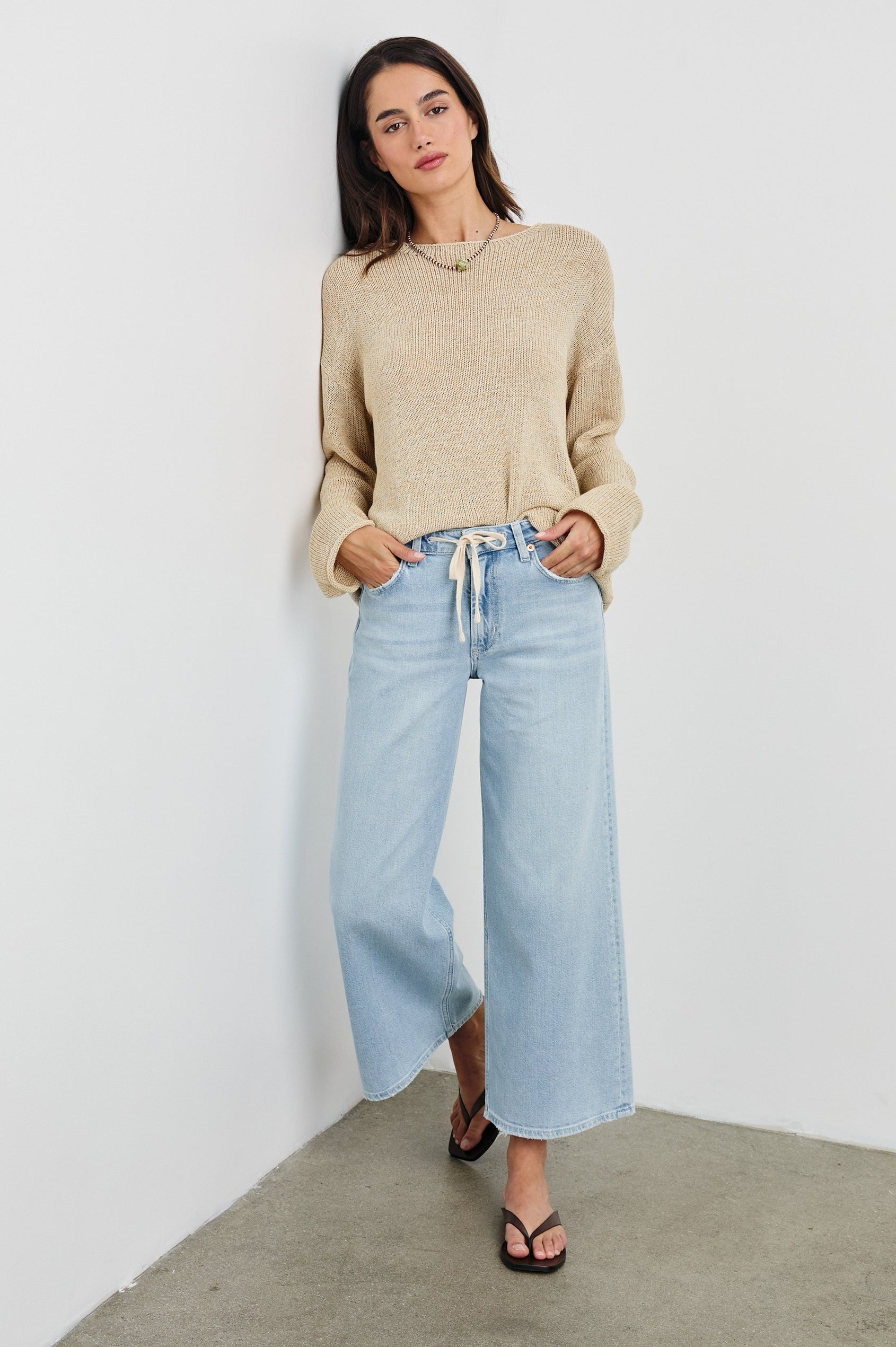 Evangeline Crew Neck Sweater with Long Sleeves in Natural Colorway. Full Body Front View Shown on Model.