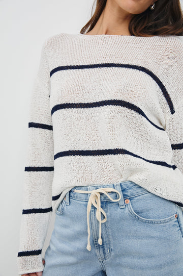 Evangeline Crew Neck Sweater with Long Sleeves in Navy White Stripe Colorway. Front View Shown on Model.