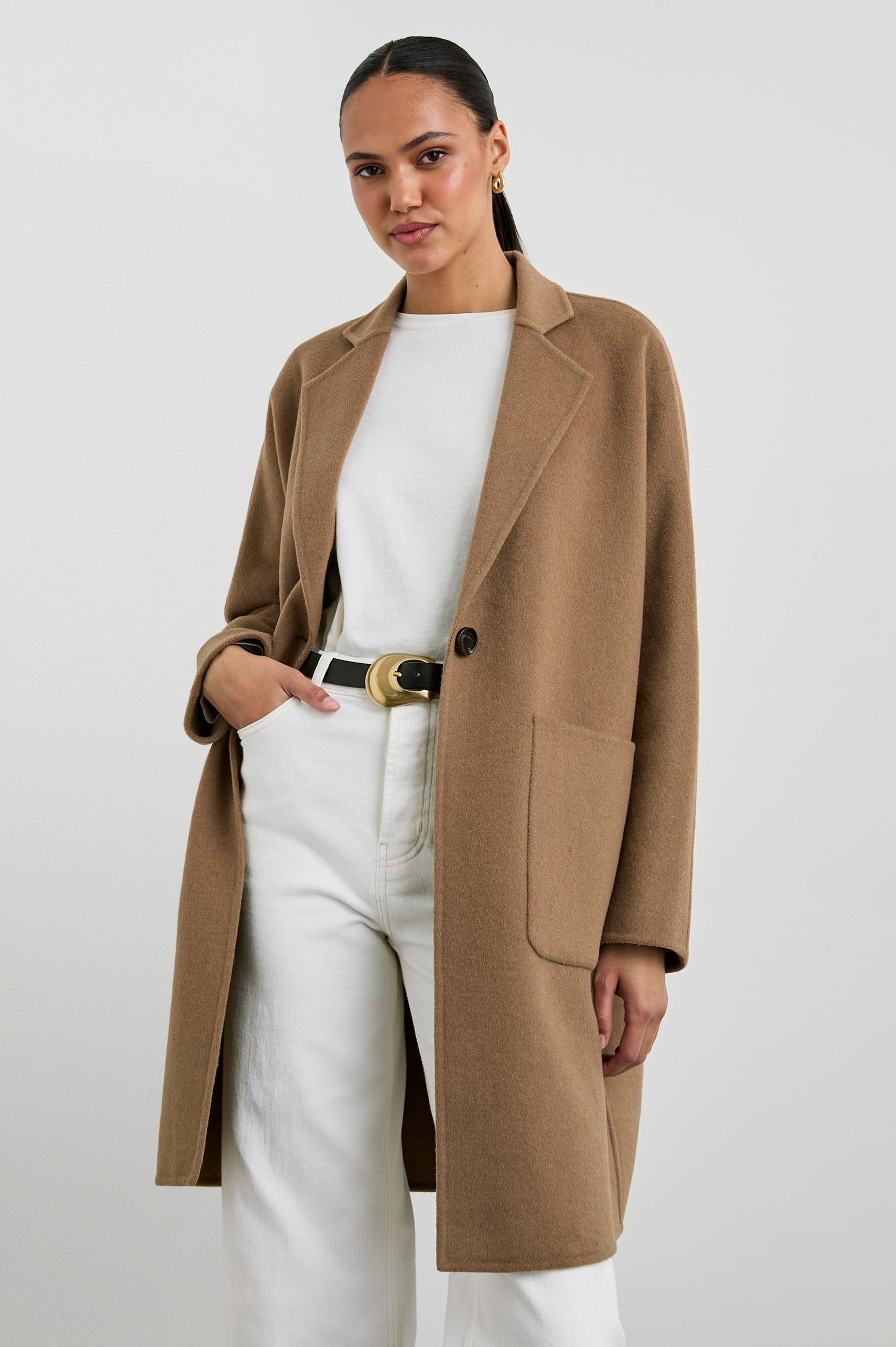 Everest Mid-Thigh Length Coat with Single Button Closure, Notched Lapels and Front Patch Pockets in Camel Colorway - Front View Featured on Model