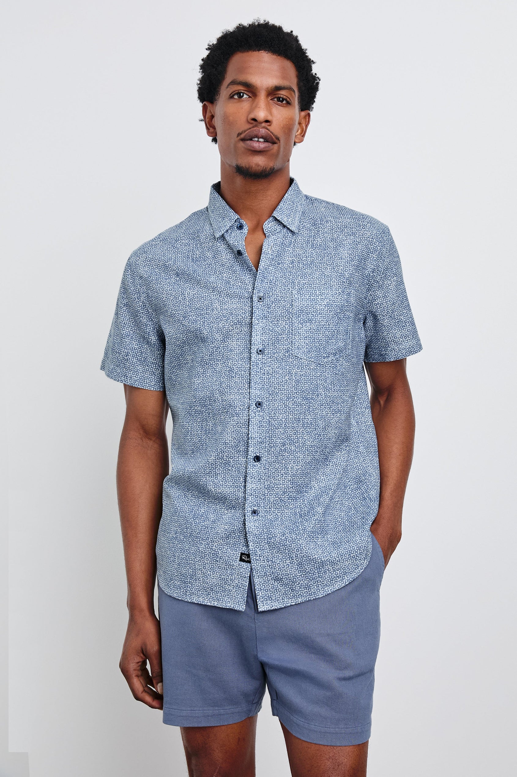 Fairfax short sleeve button up shirt with collar in Abstract Block Blue - front view on model
