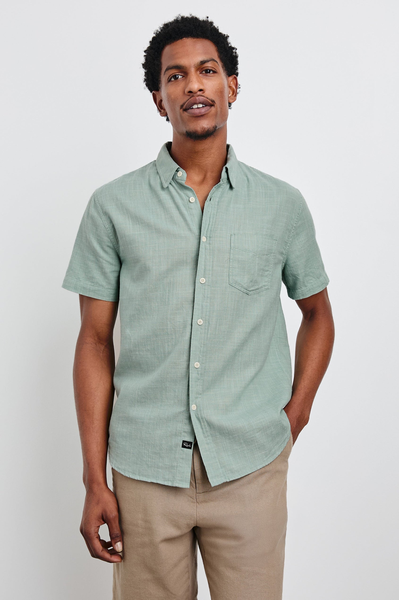 Fairfax Short-Sleeve Button Up with a Chest Patch Pocket in Borealis Etch Colorway - Front View Featured on Model